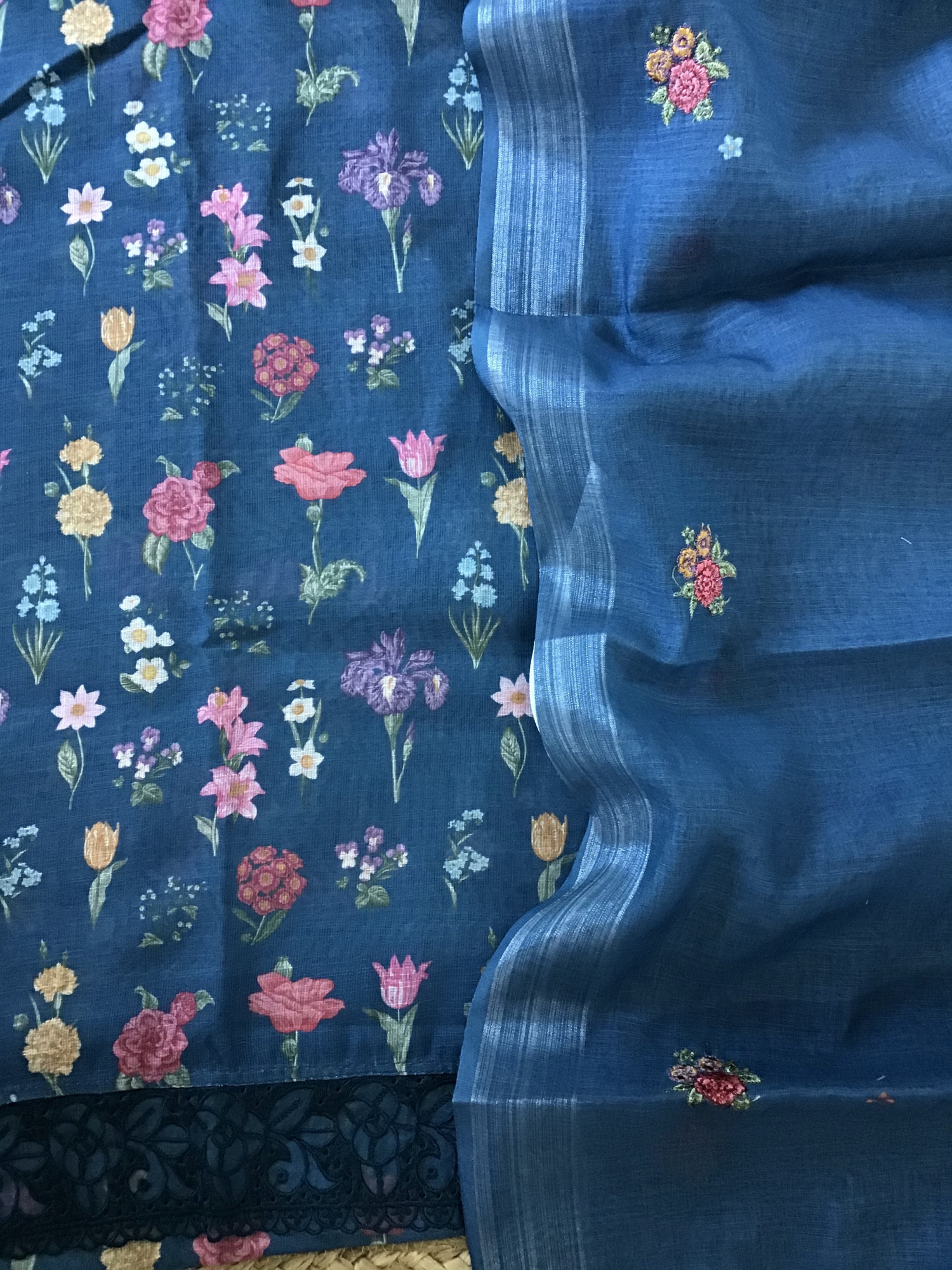 Soft Semi Linen Jute Cotton Printed Embroidered Suit - Blue