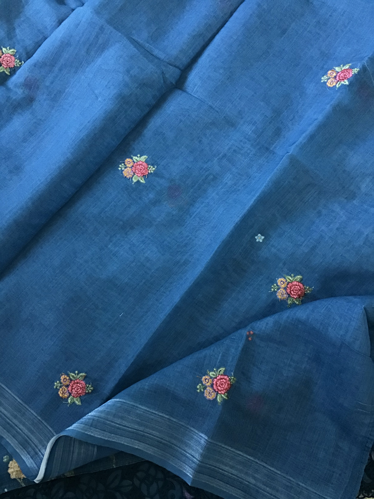 Soft Semi Linen Jute Cotton Printed Embroidered Suit - Blue