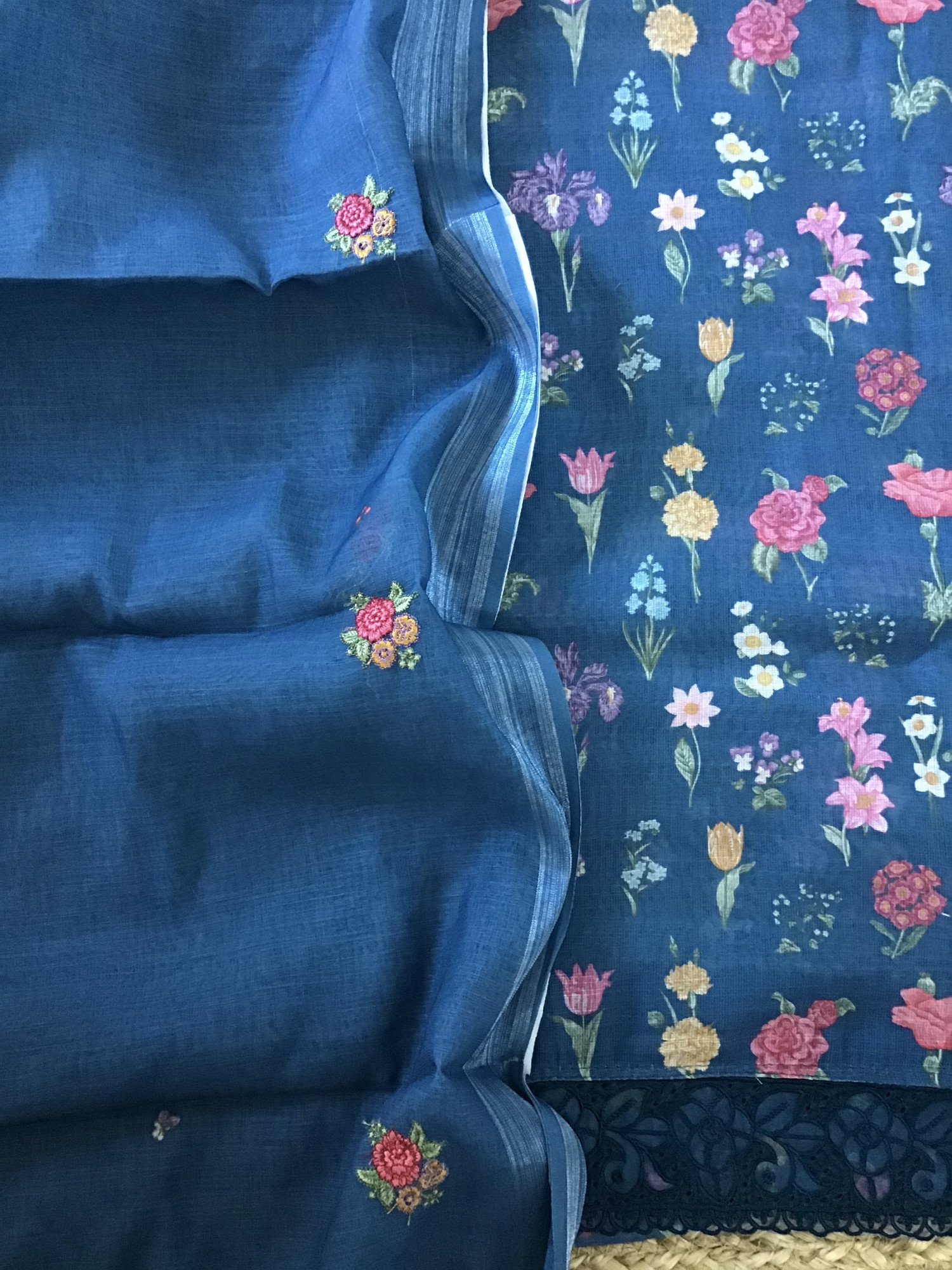 Soft Semi Linen Jute Cotton Printed Embroidered Suit - Blue