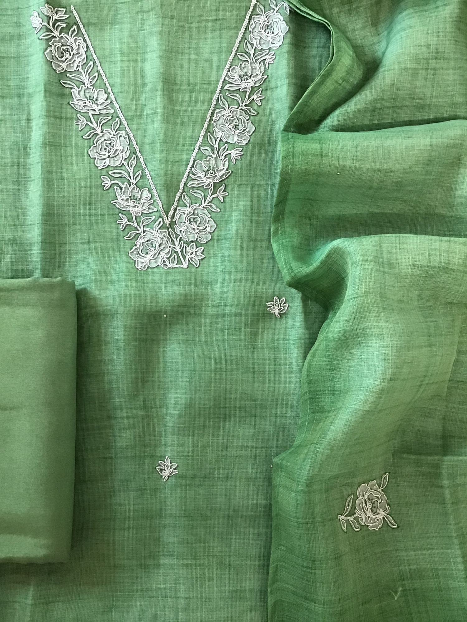 Soft Slub Tissue Cotton Embroidered Suit - Green