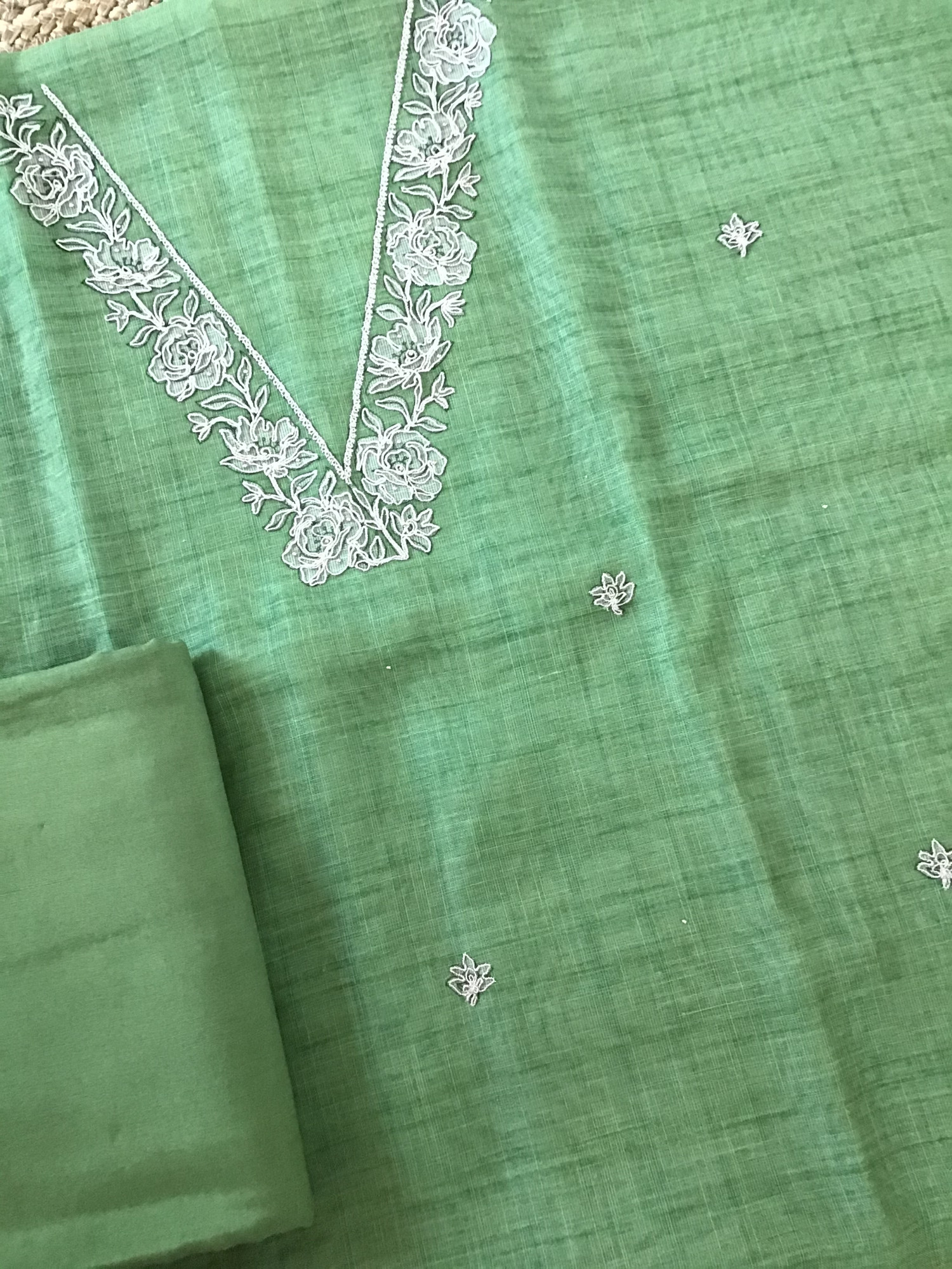 Soft Slub Tissue Cotton Embroidered Suit - Green