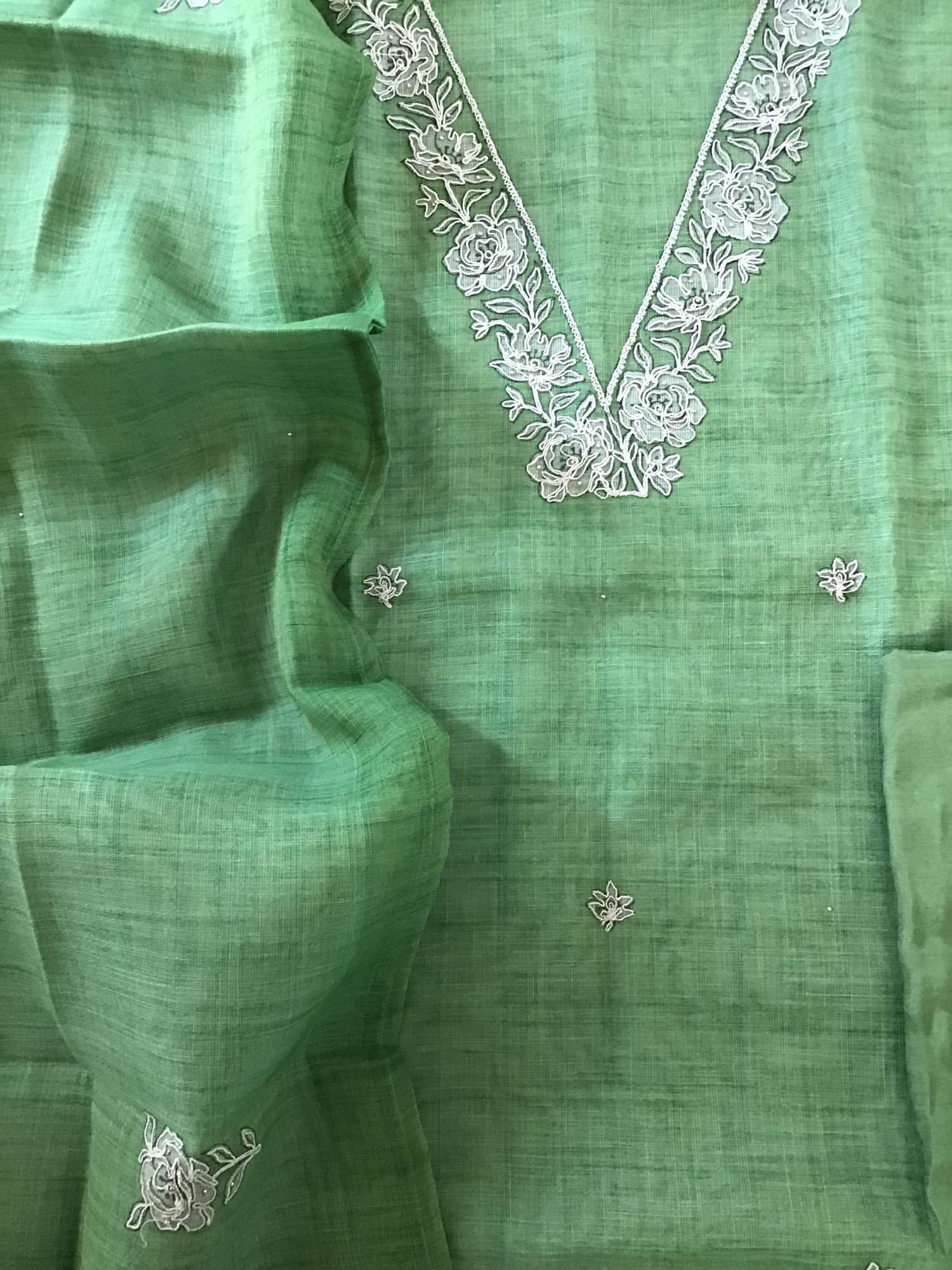 Soft Slub Tissue Cotton Embroidered Suit - Green