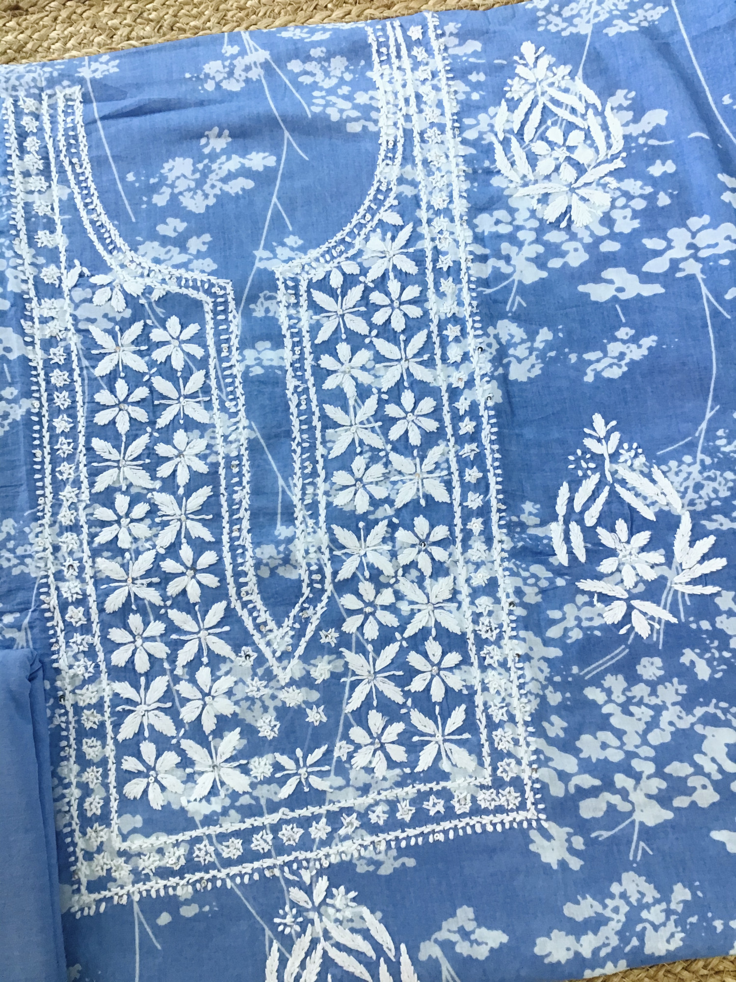 Pure Cotton Printed Embroidered Suit - Blue
