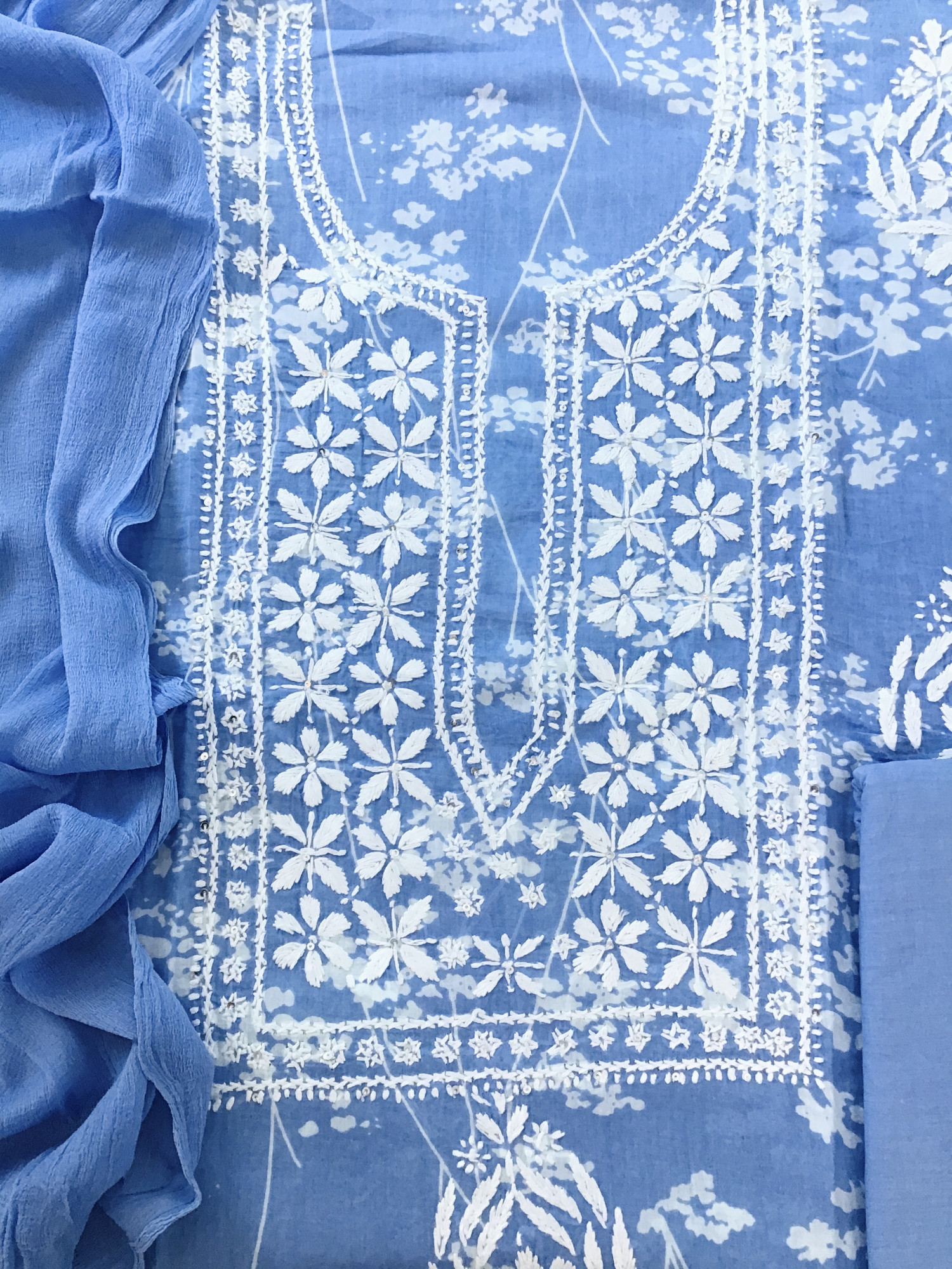 Pure Cotton Printed Embroidered Suit - Blue