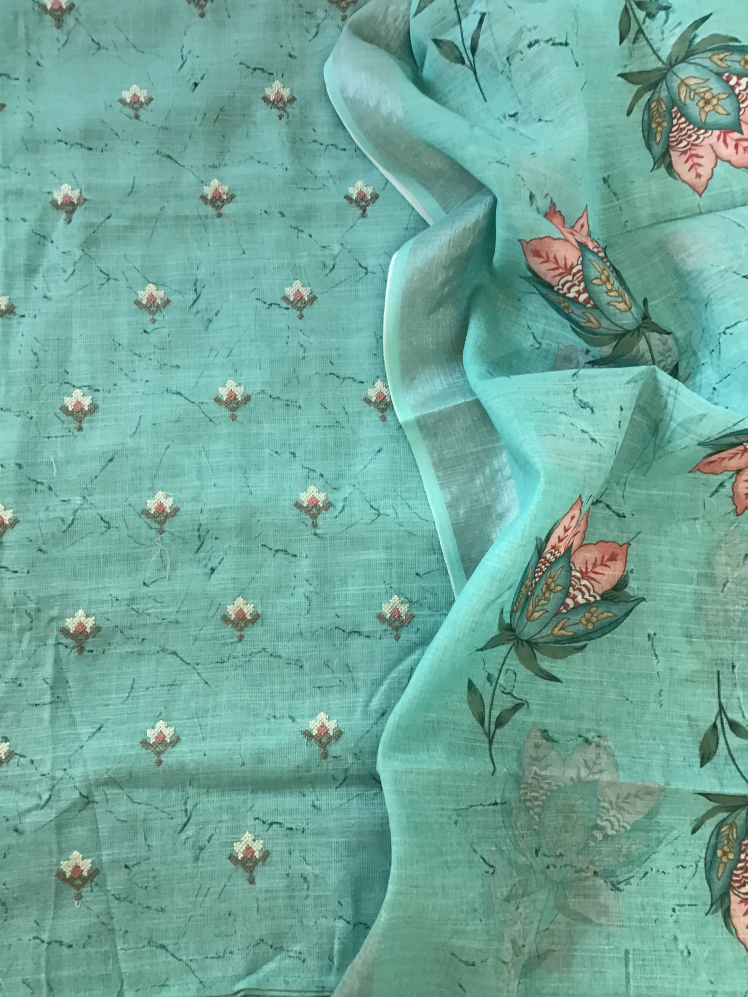 Soft Semi Linen Jute Cotton Printed Embroidered Suit - Blue