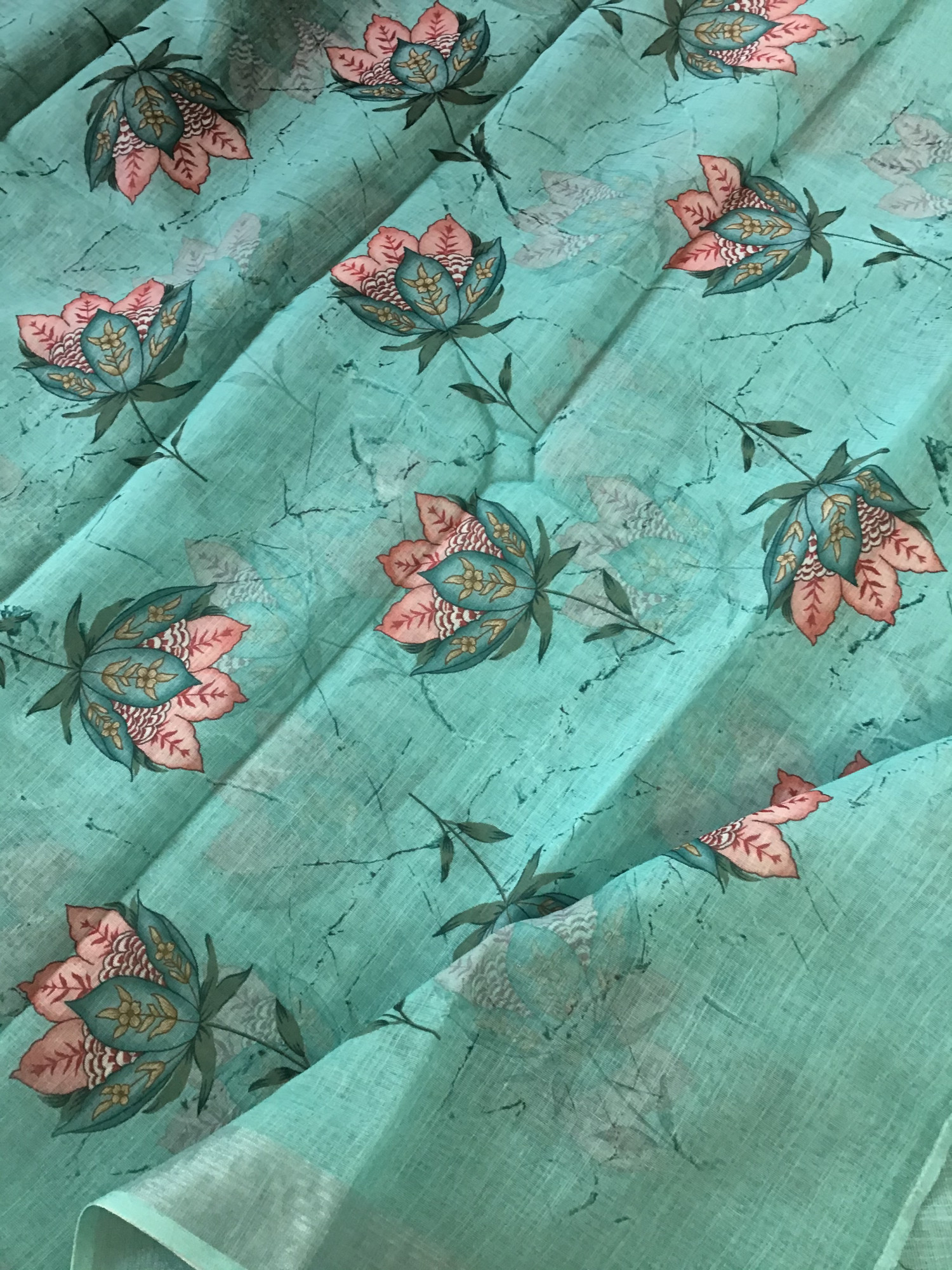 Soft Semi Linen Jute Cotton Printed Embroidered Suit - Blue