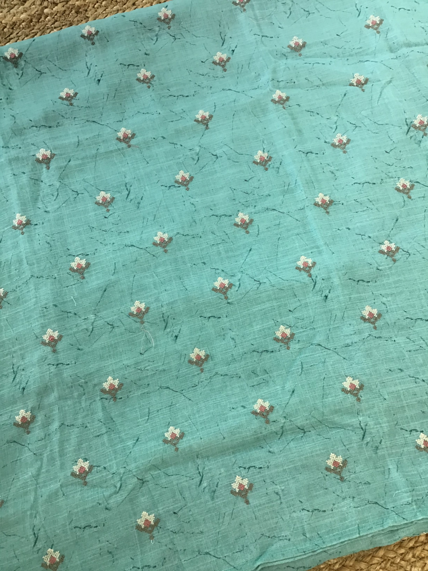 Soft Semi Linen Jute Cotton Printed Embroidered Suit - Blue