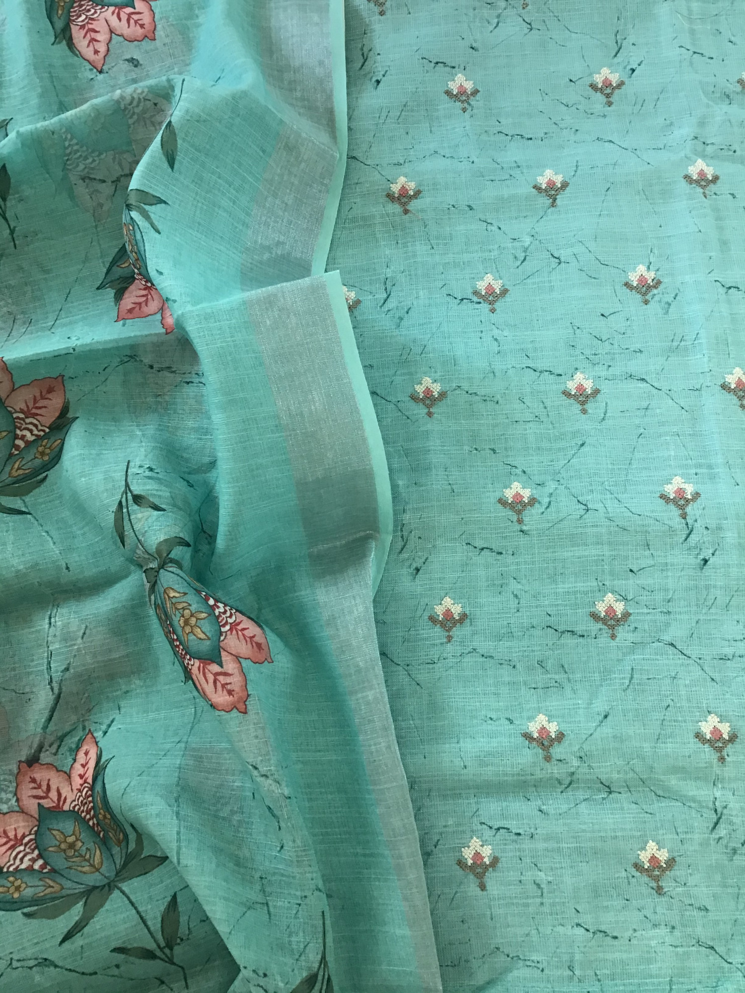 Soft Semi Linen Jute Cotton Printed Embroidered Suit - Blue