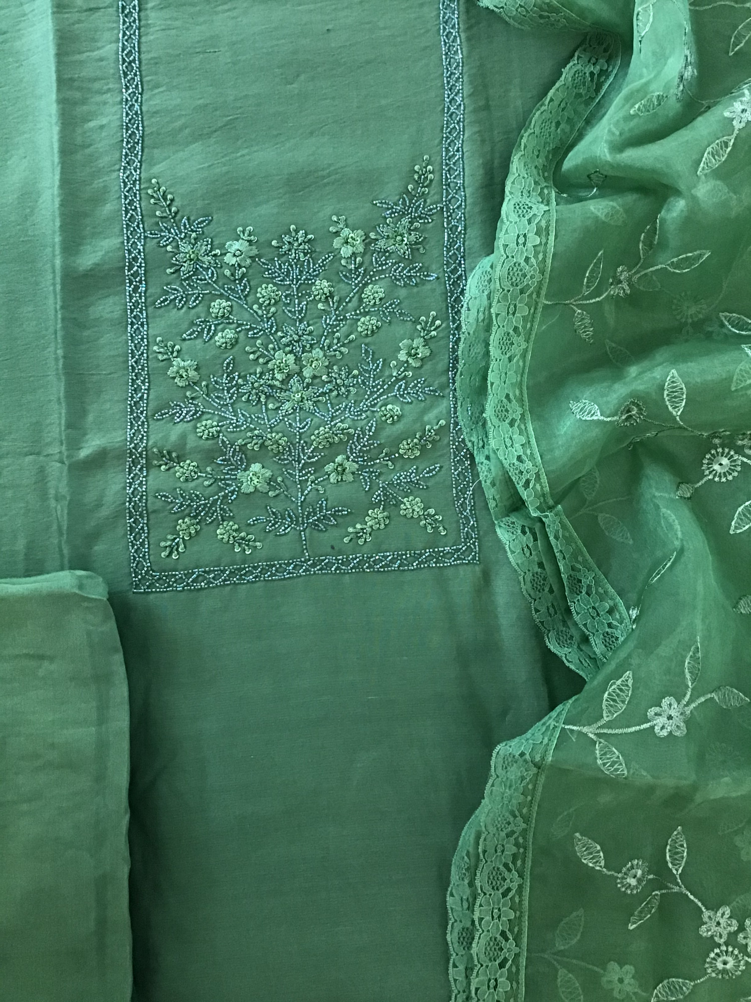 Pure Chanderi Silk Embroidered Suit - Green