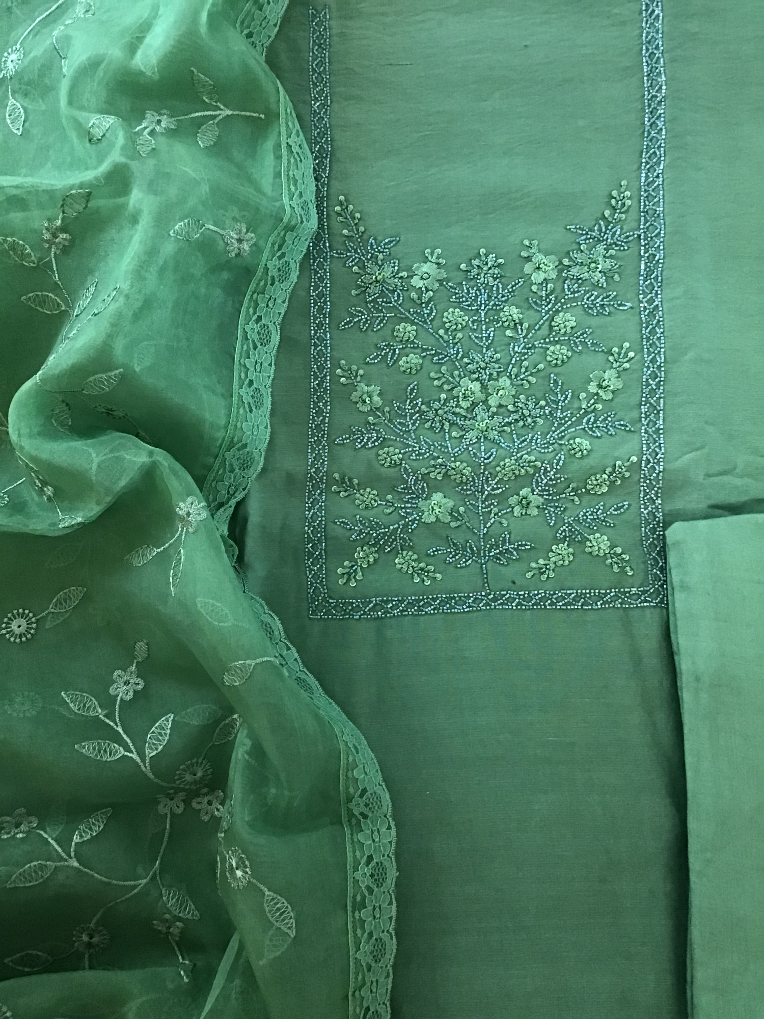 Pure Chanderi Silk Embroidered Suit - Green