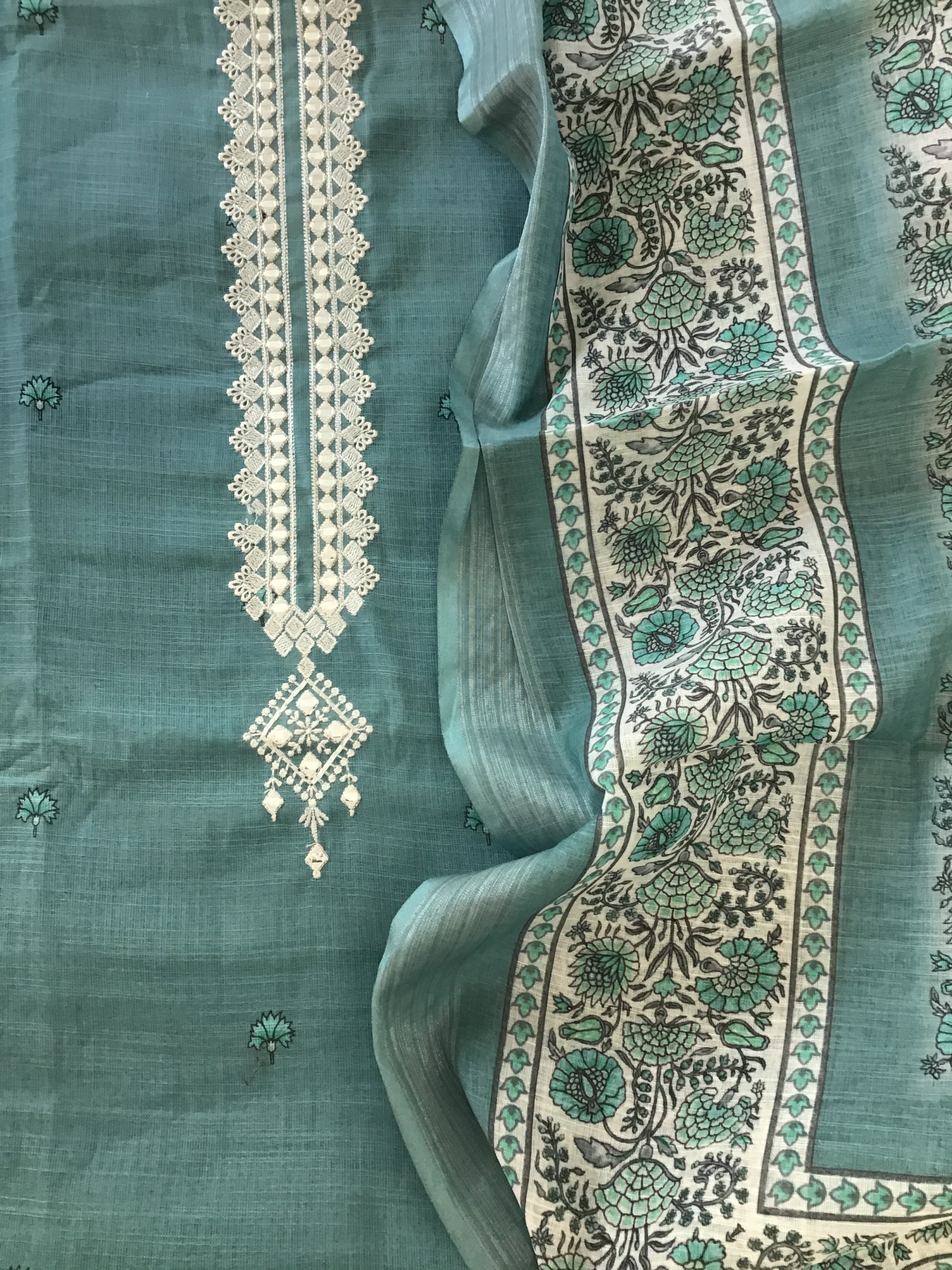 Soft Semi Linen Jute Cotton Printed Embroidered Suit - Blue