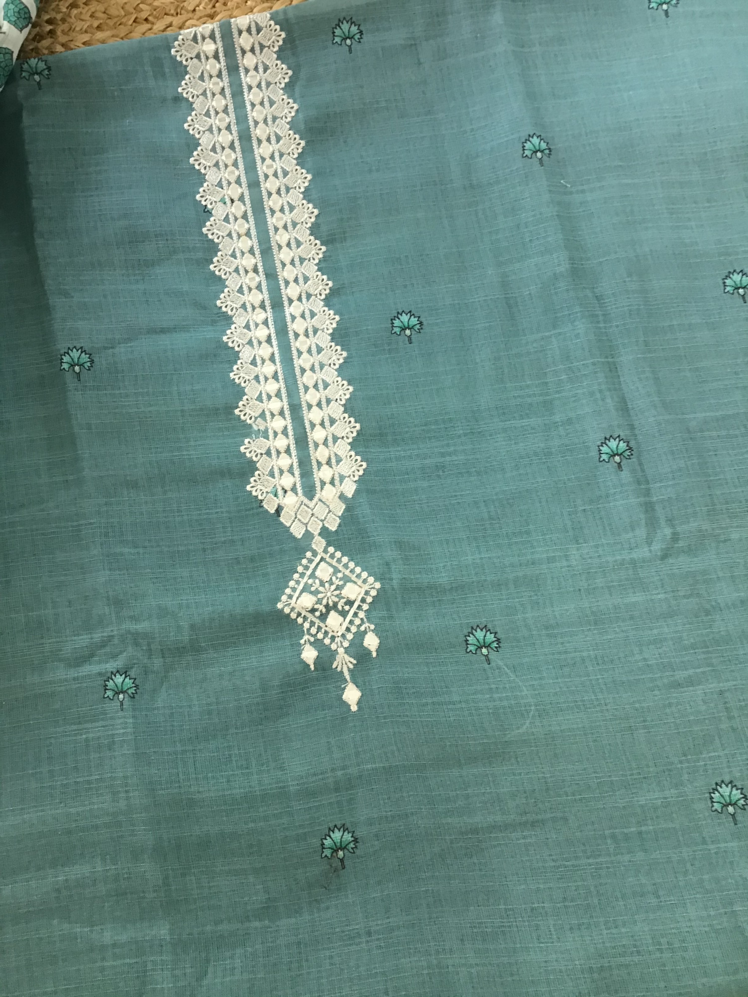 Soft Semi Linen Jute Cotton Printed Embroidered Suit - Blue