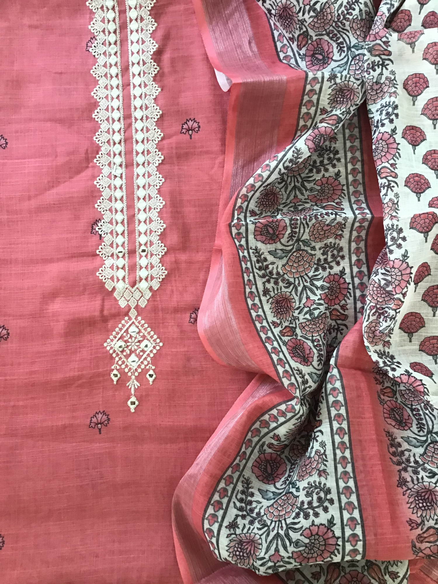 Soft Semi Linen Jute Cotton Printed Embroidered Suit - Pink