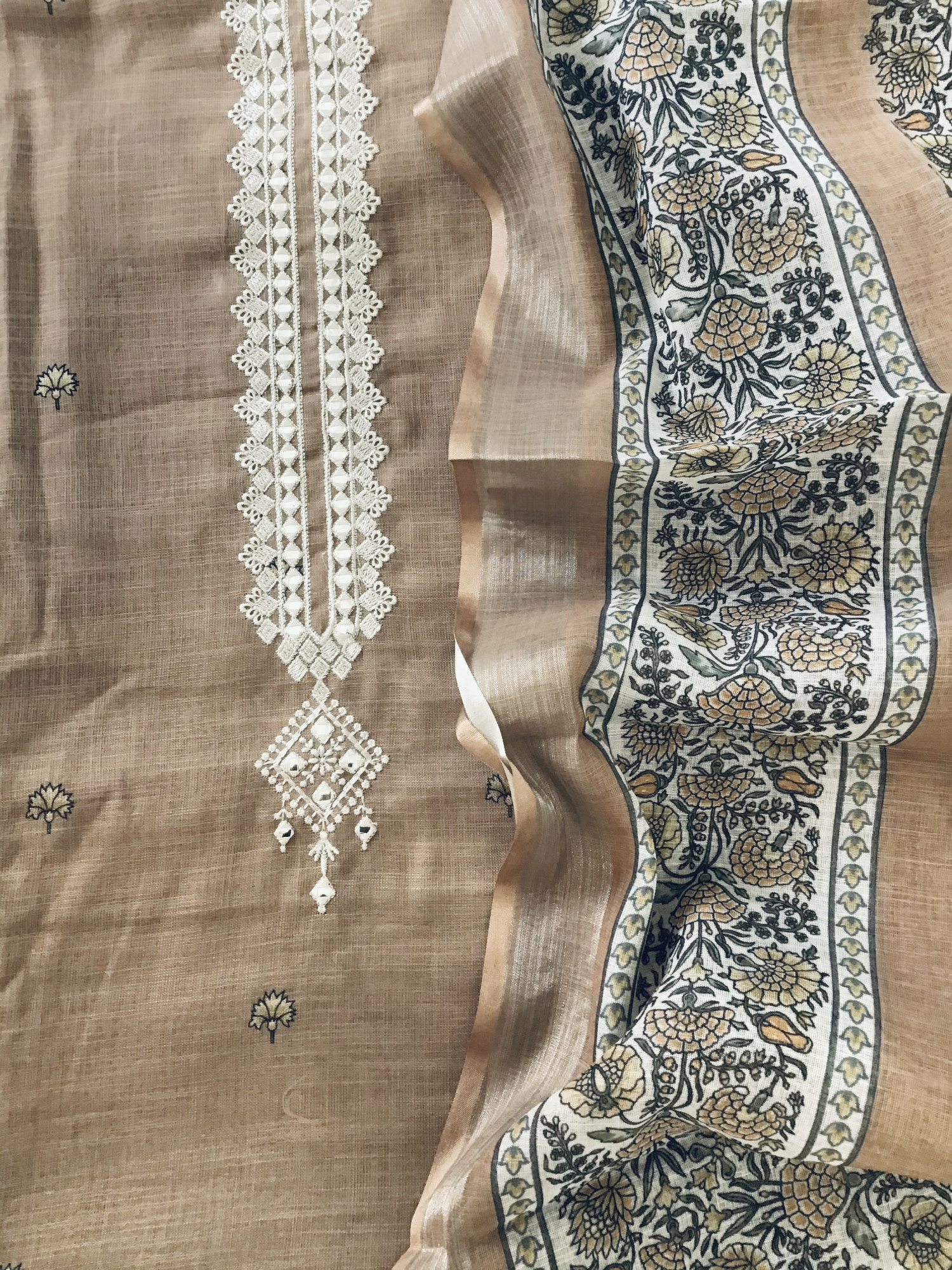 Soft Semi Linen Jute Cotton Printed Embroidered Suit - Brown