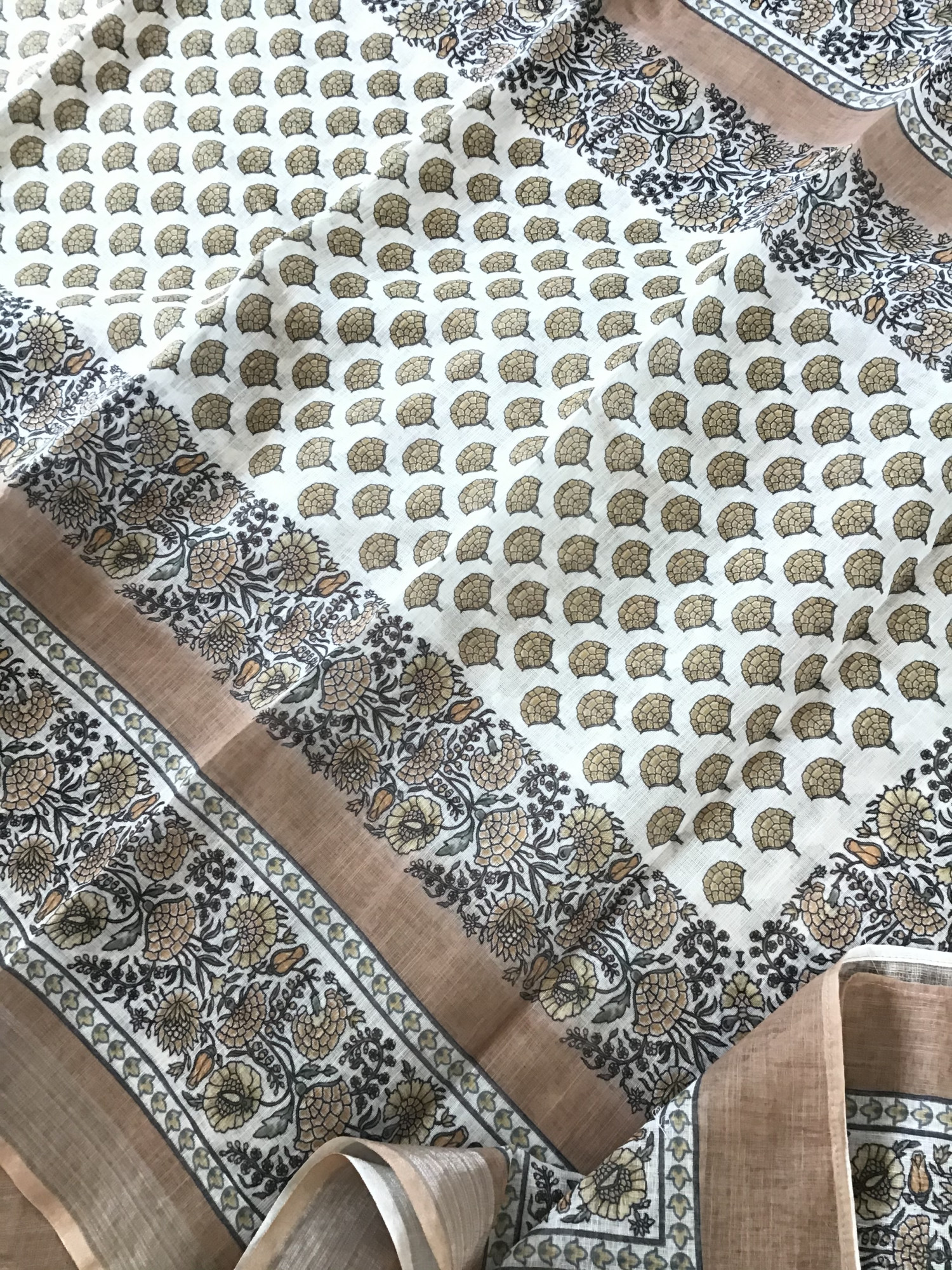 Soft Semi Linen Jute Cotton Printed Embroidered Suit - Brown