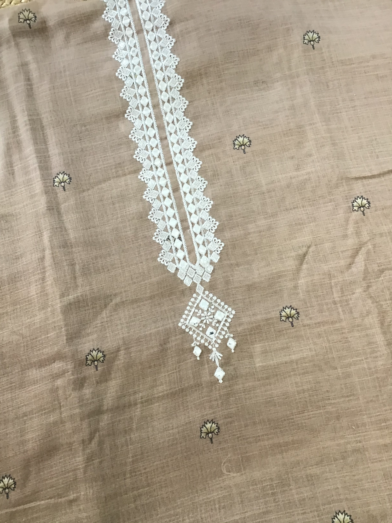 Soft Semi Linen Jute Cotton Printed Embroidered Suit - Brown