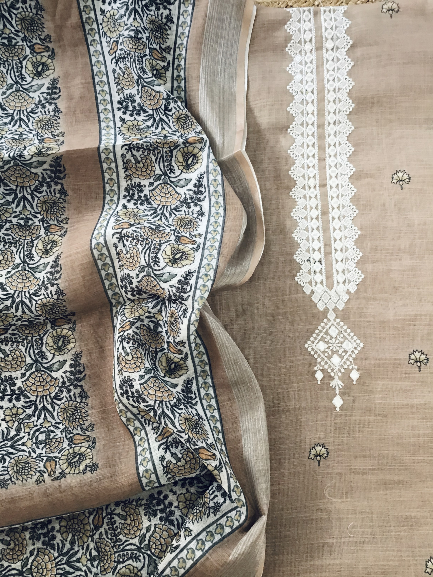 Soft Semi Linen Jute Cotton Printed Embroidered Suit - Brown