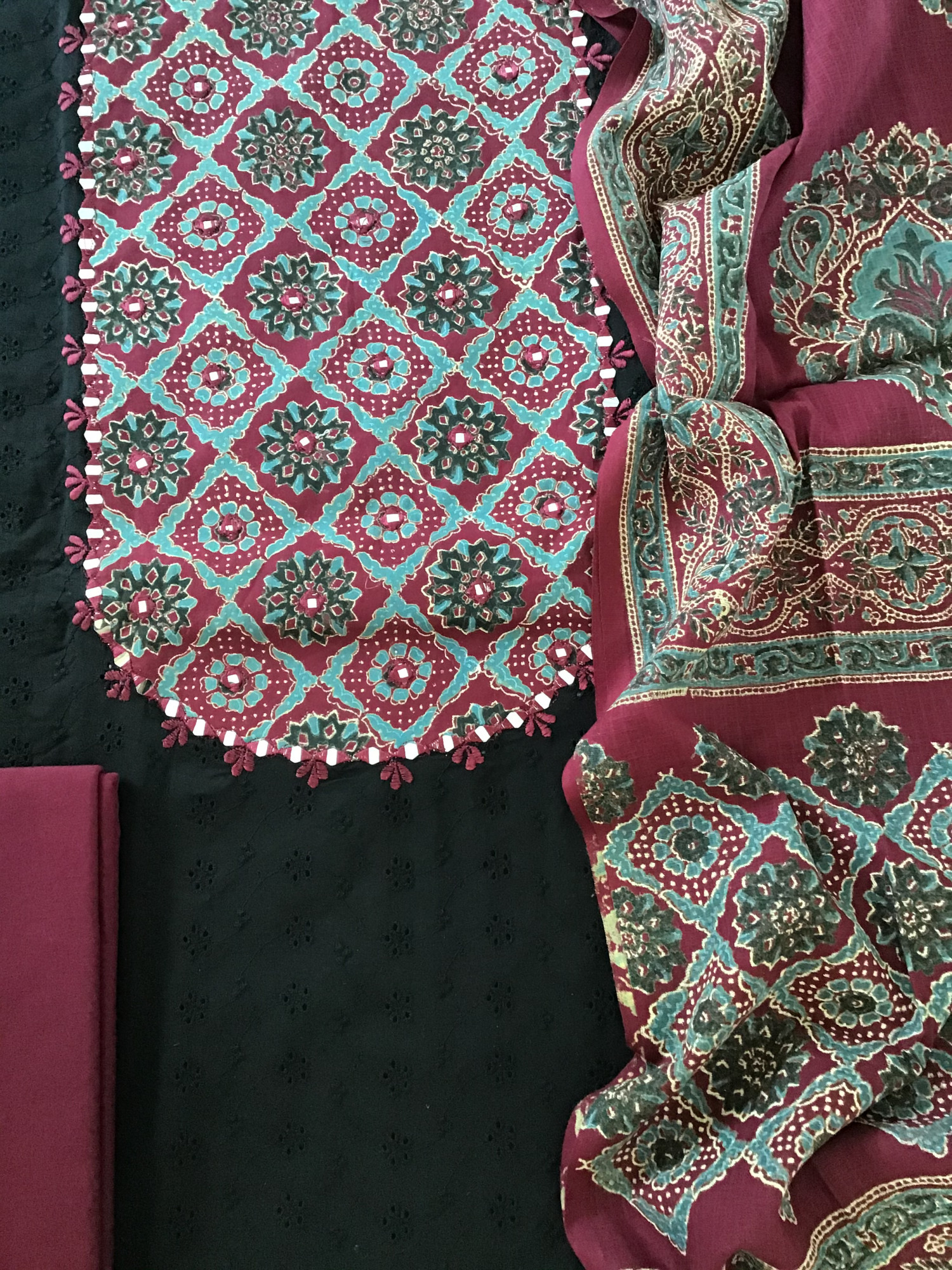 Pure Cotton Printed Embroidered Suit - BlackMaroon