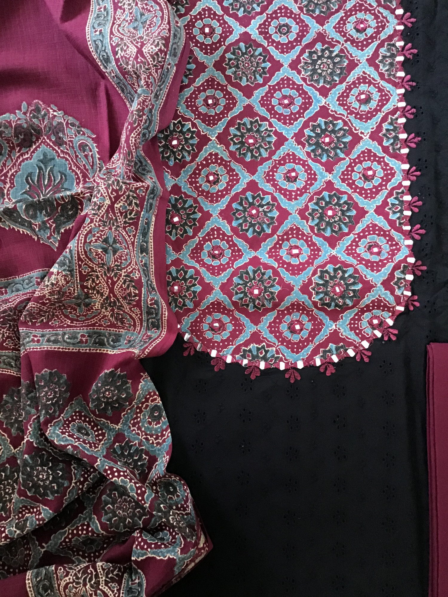 Pure Cotton Printed Embroidered Suit - BlackMaroon