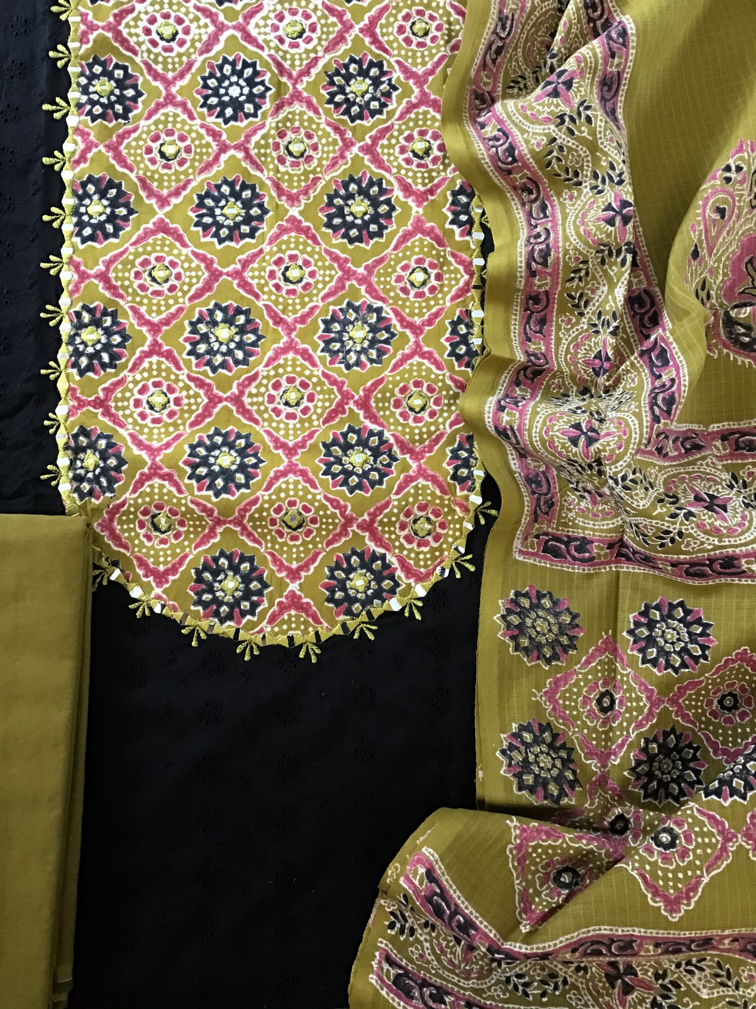 Pure Cotton Printed Embroidered Suit - BlackYellow