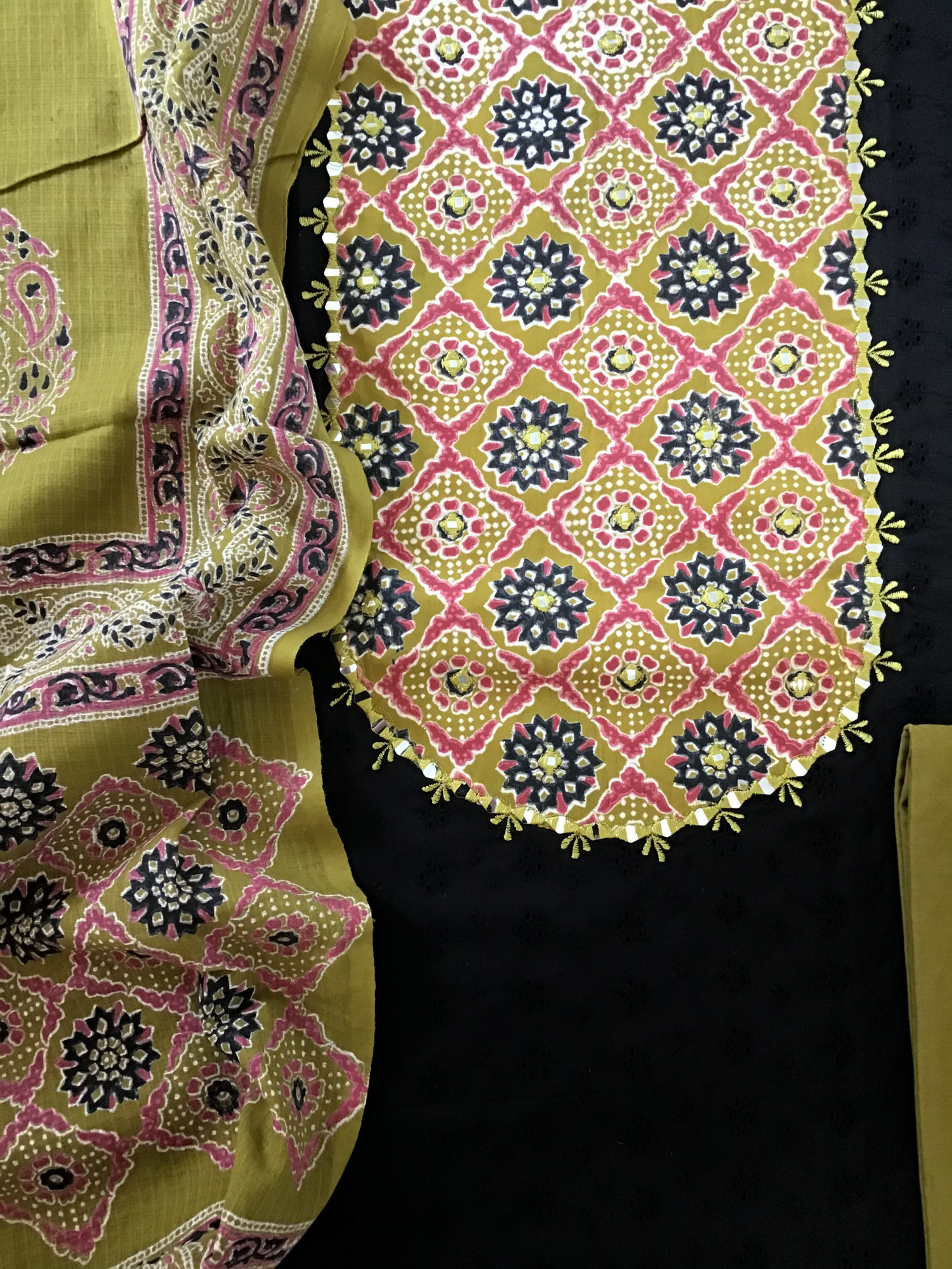 Pure Cotton Printed Embroidered Suit - BlackYellow