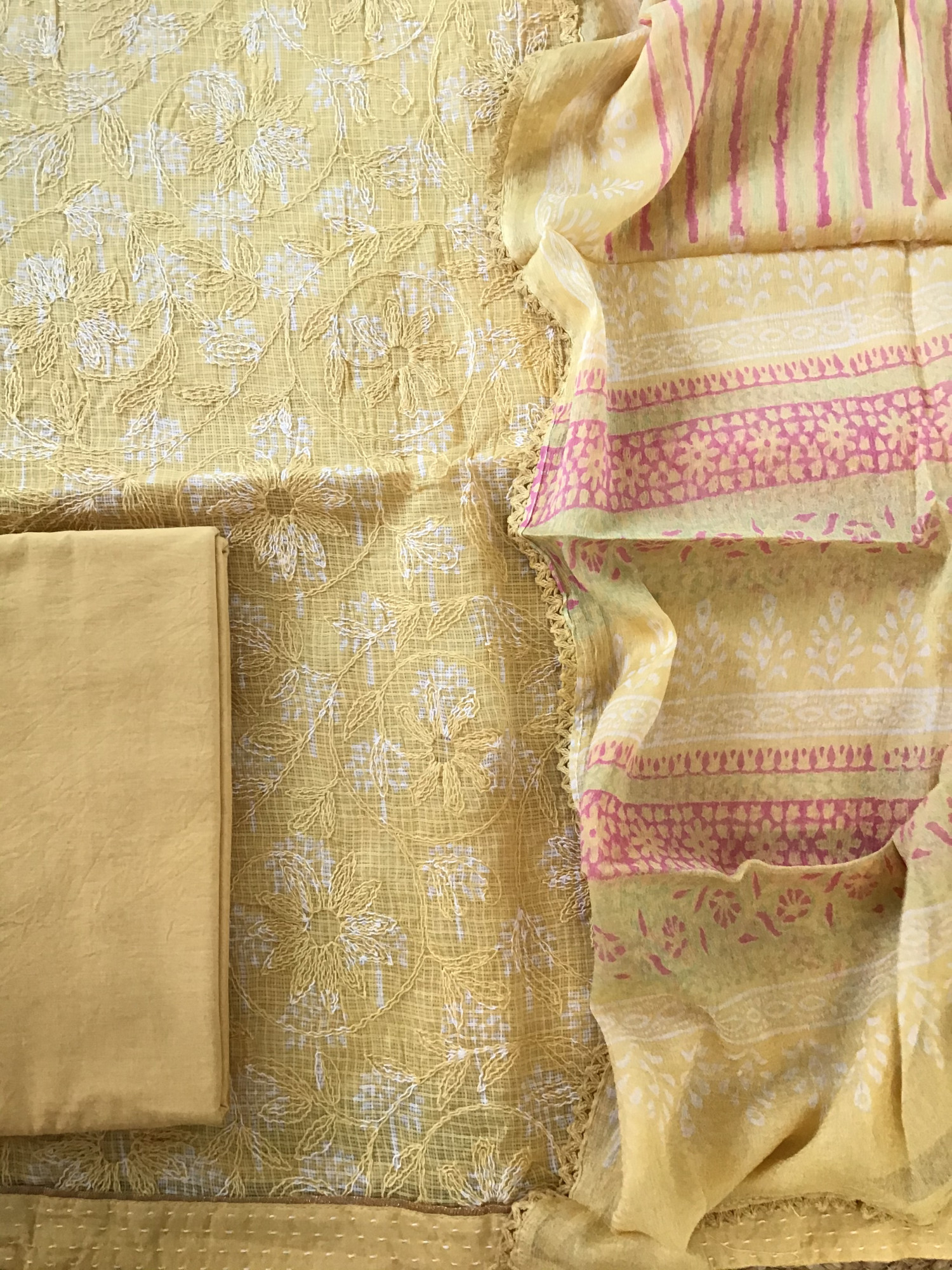 Pure Kota Cotton Printed Embroidered Suit - Yellow