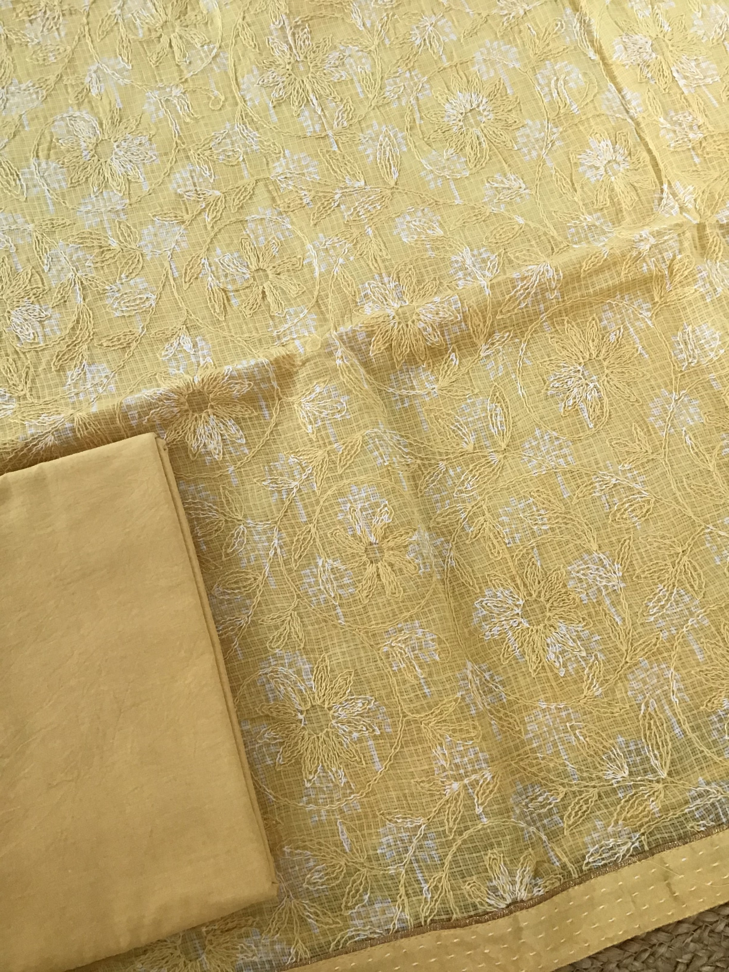 Pure Kota Cotton Printed Embroidered Suit - Yellow