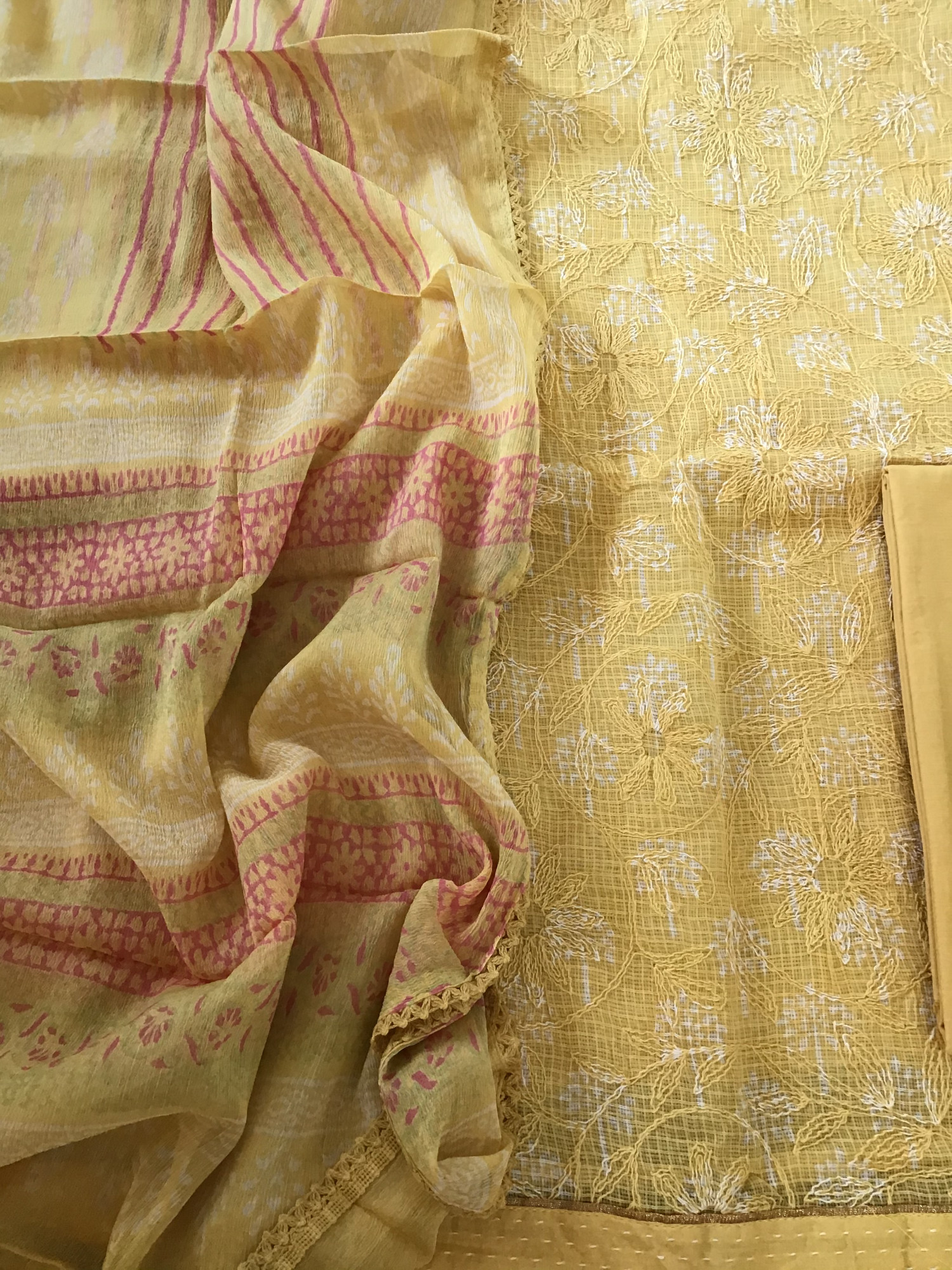 Pure Kota Cotton Printed Embroidered Suit - Yellow