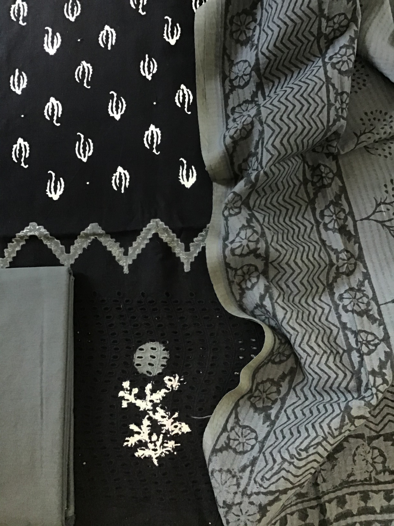 Pure Cotton Printed Embroidered Suit - Black