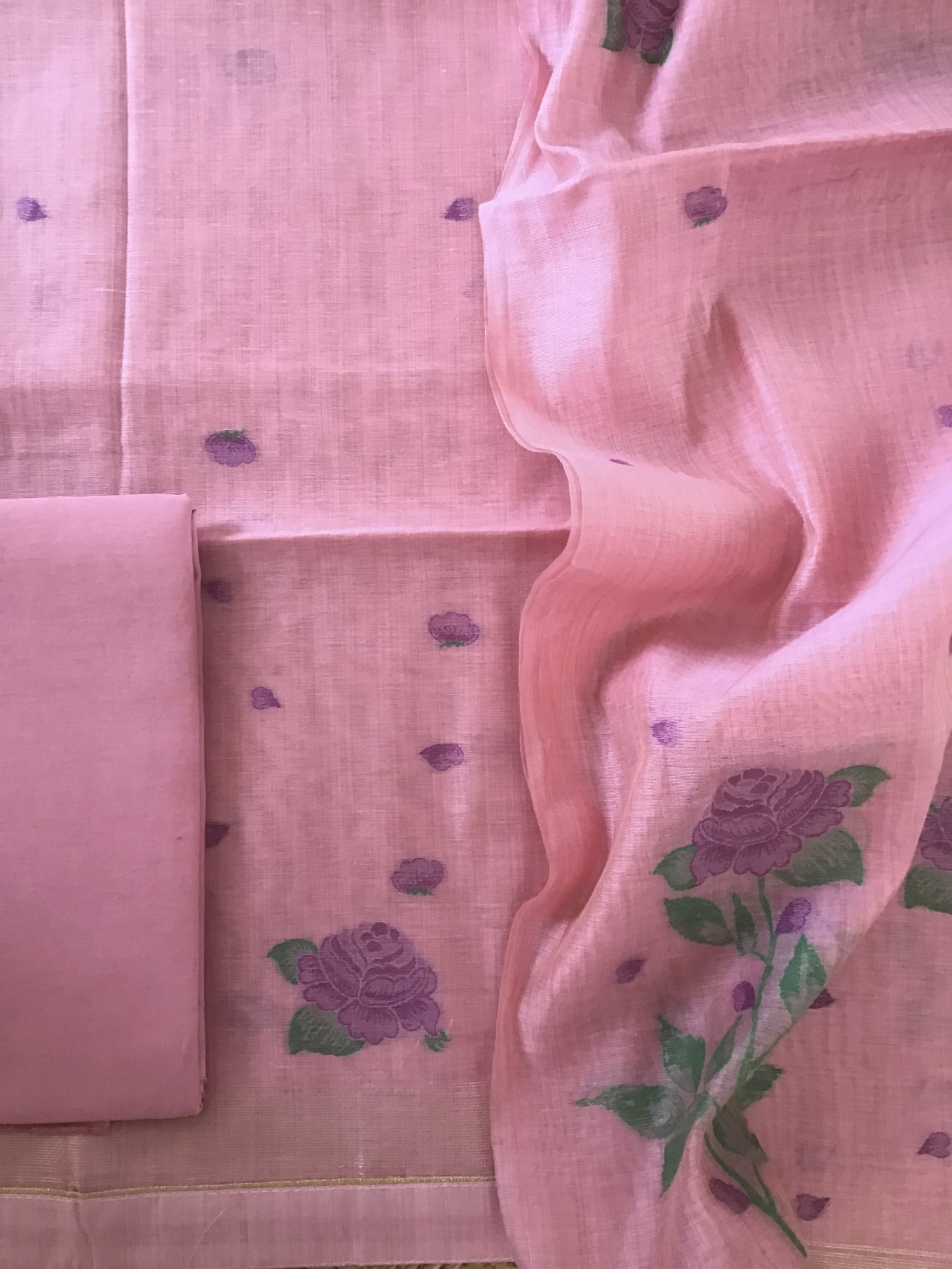 Soft Slub Chanderi Jamdani Weaved Suit - Pink