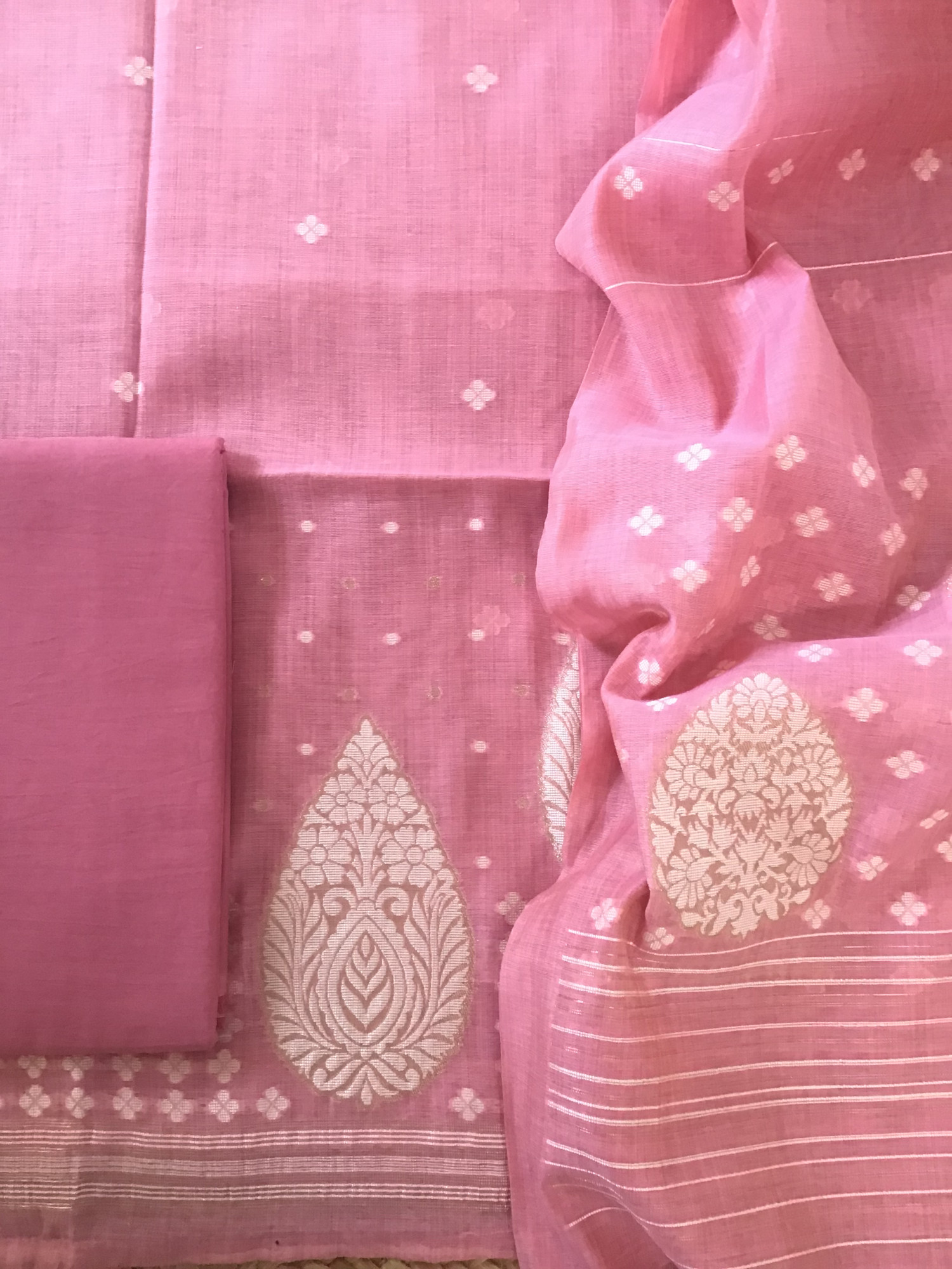 Soft Slub Chanderi Jamdani Weaved Suit - Pink