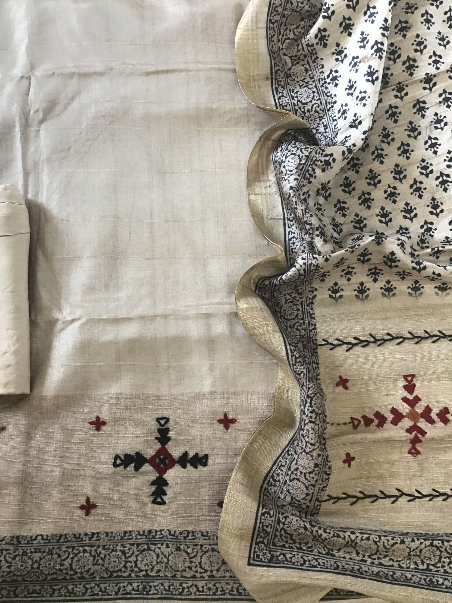 Soft Fine Semi Tussar Printed Embroidered Suit - Beige