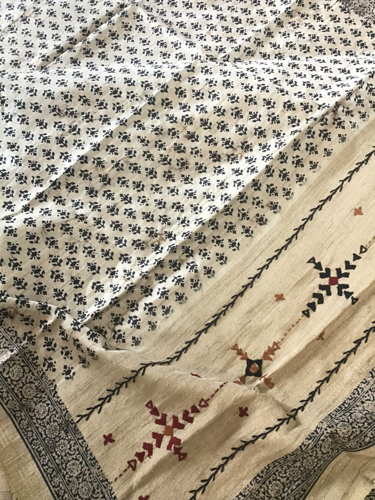 Soft Fine Semi Tussar Printed Embroidered Suit - Beige