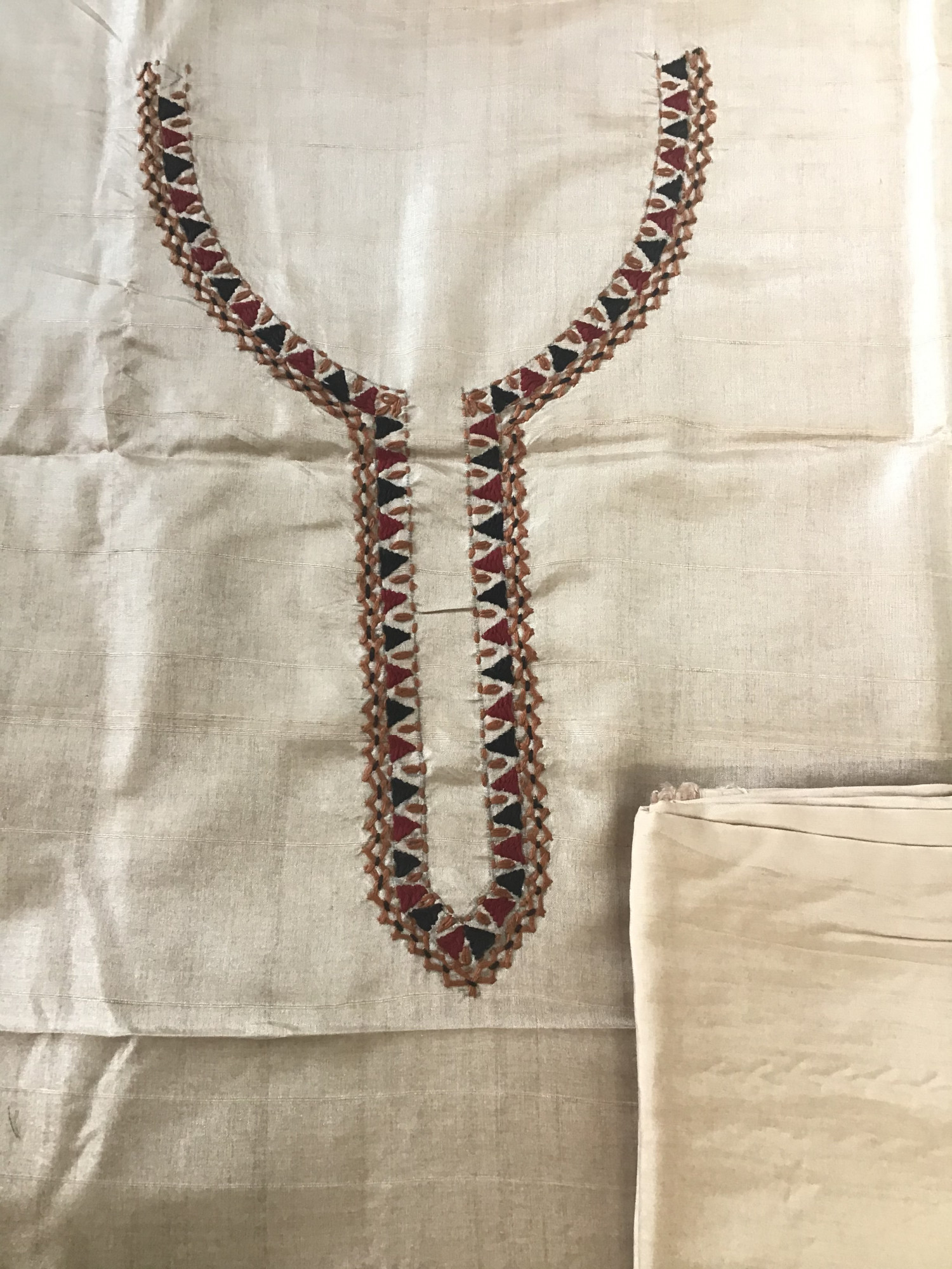 Soft Fine Semi Tussar Printed Embroidered Suit - Beige