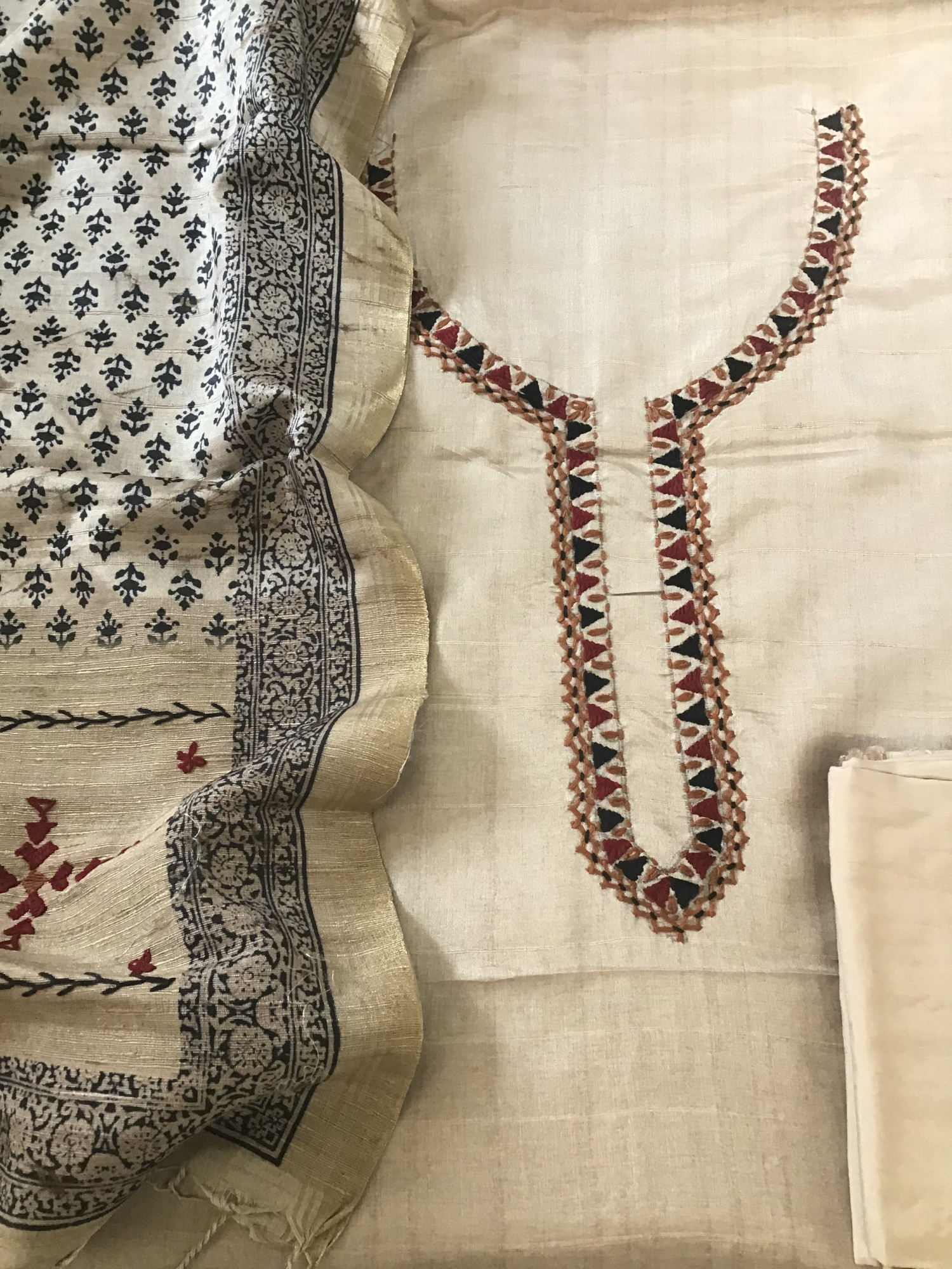 Soft Fine Semi Tussar Printed Embroidered Suit - Beige