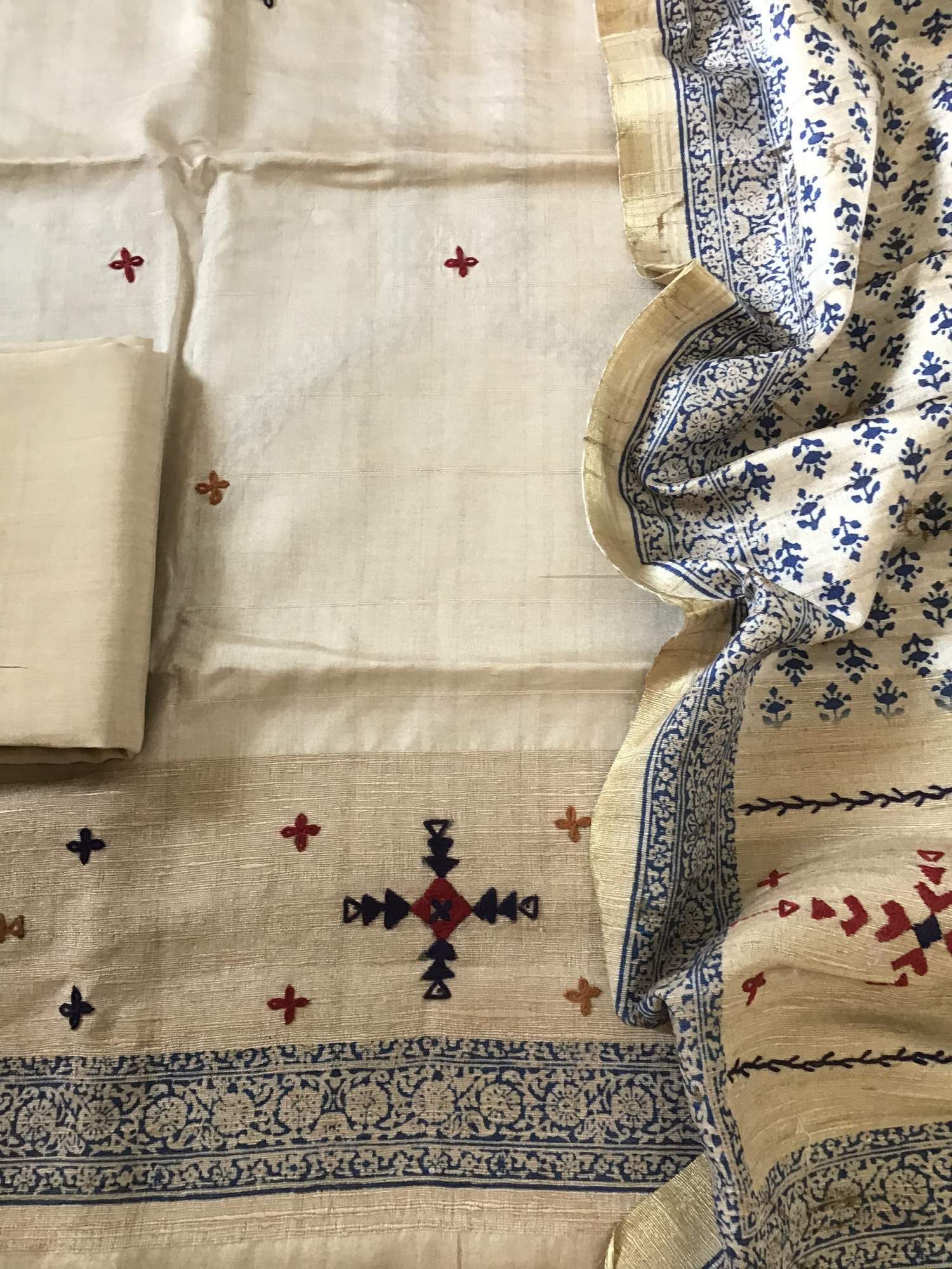 Soft Fine Semi Tussar Printed Embroidered Suit - BeigeBlue