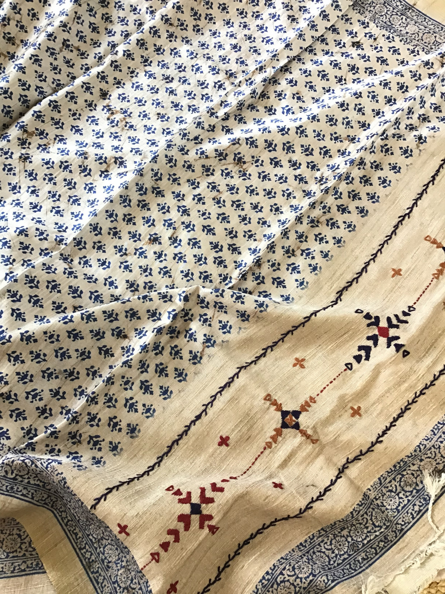 Soft Fine Semi Tussar Printed Embroidered Suit - BeigeBlue