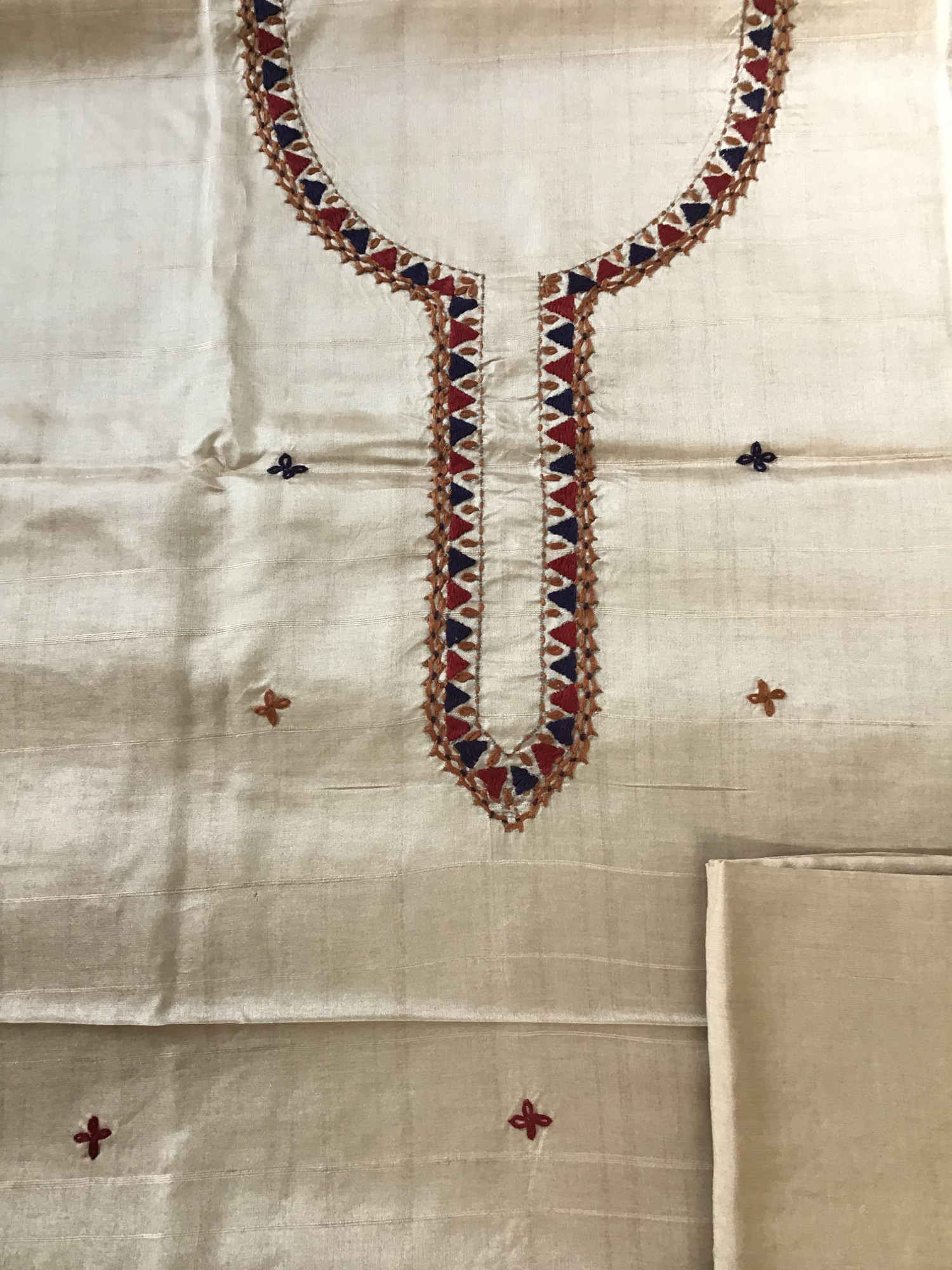 Soft Fine Semi Tussar Printed Embroidered Suit - BeigeBlue