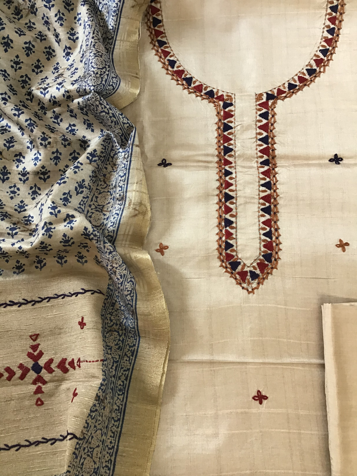 Soft Fine Semi Tussar Printed Embroidered Suit - BeigeBlue