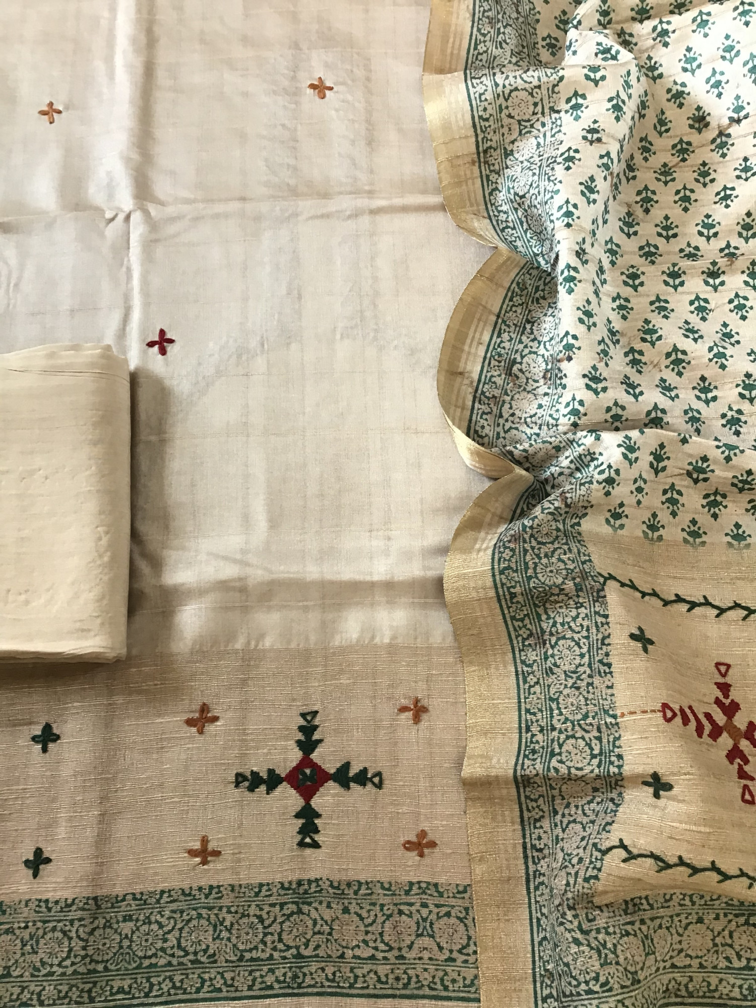 Soft Fine Semi Tussar Printed Embroidered Suit - BeigeGreen