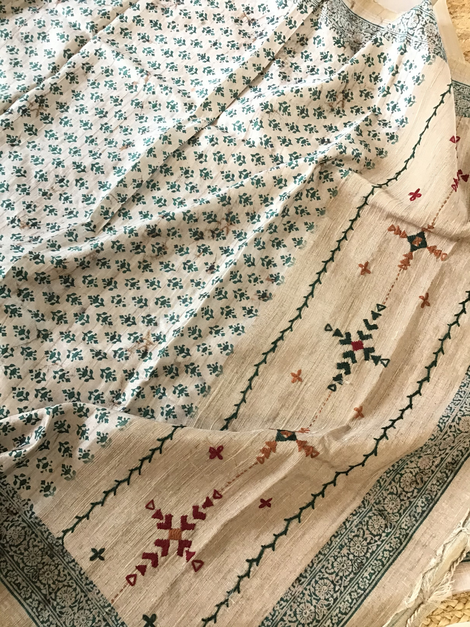 Soft Fine Semi Tussar Printed Embroidered Suit - BeigeGreen