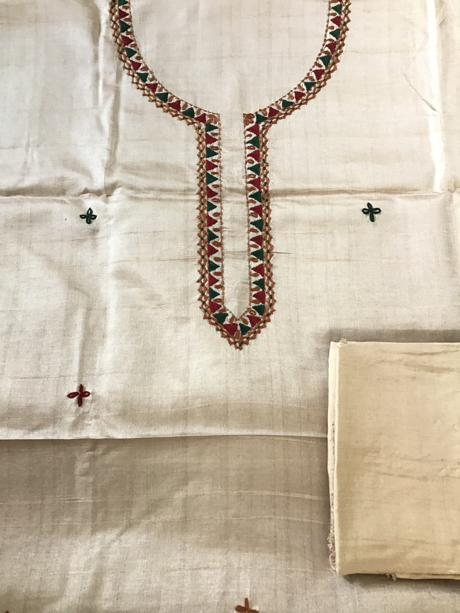 Soft Fine Semi Tussar Printed Embroidered Suit - BeigeGreen