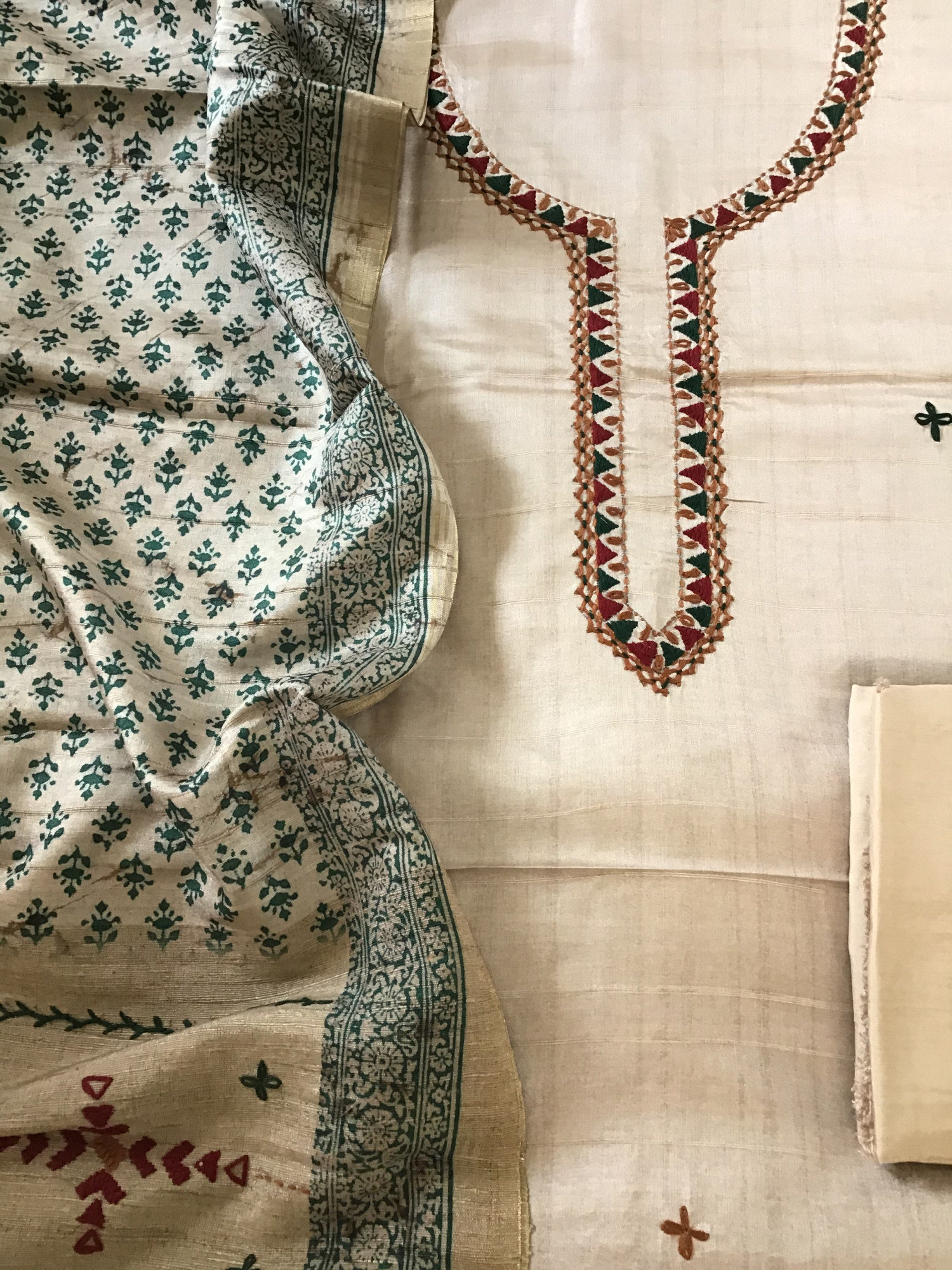 Soft Fine Semi Tussar Printed Embroidered Suit - BeigeGreen