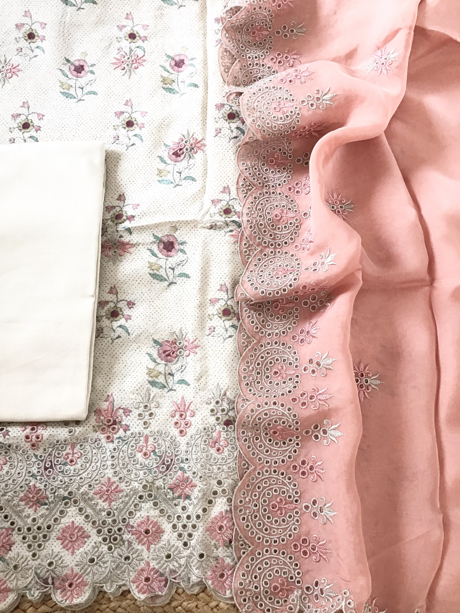 Pure Muslin Printed Embroidered Suit - BeigePeach