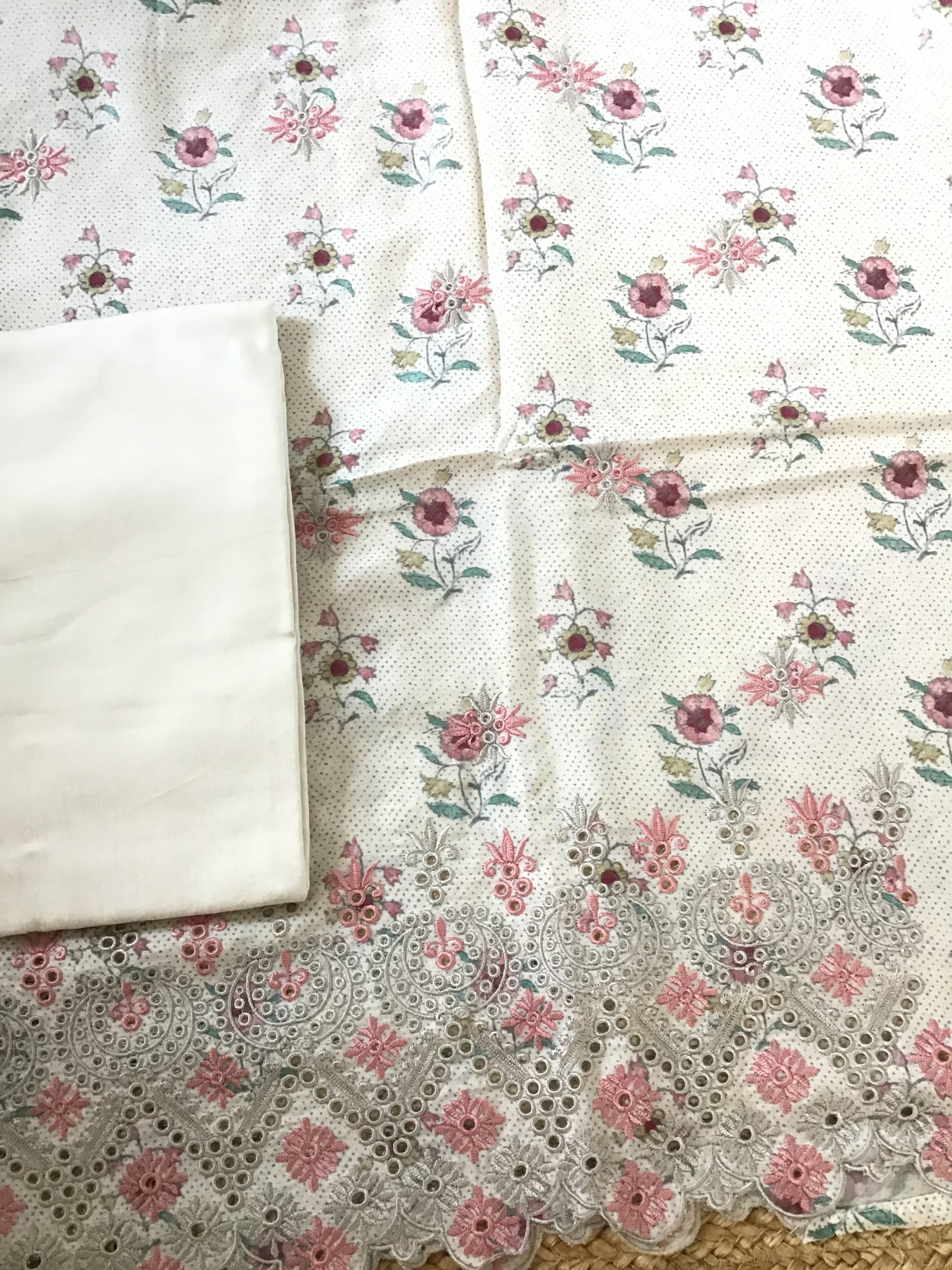 Pure Muslin Printed Embroidered Suit - BeigePeach