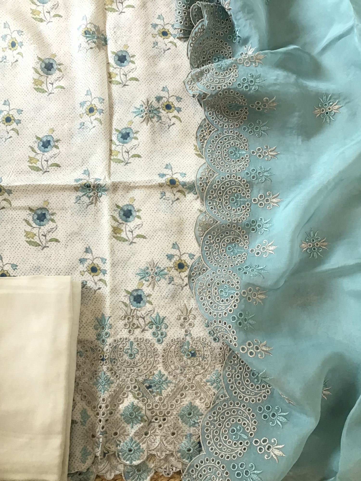Pure Muslin Printed Embroidered Suit - BeigeBlue