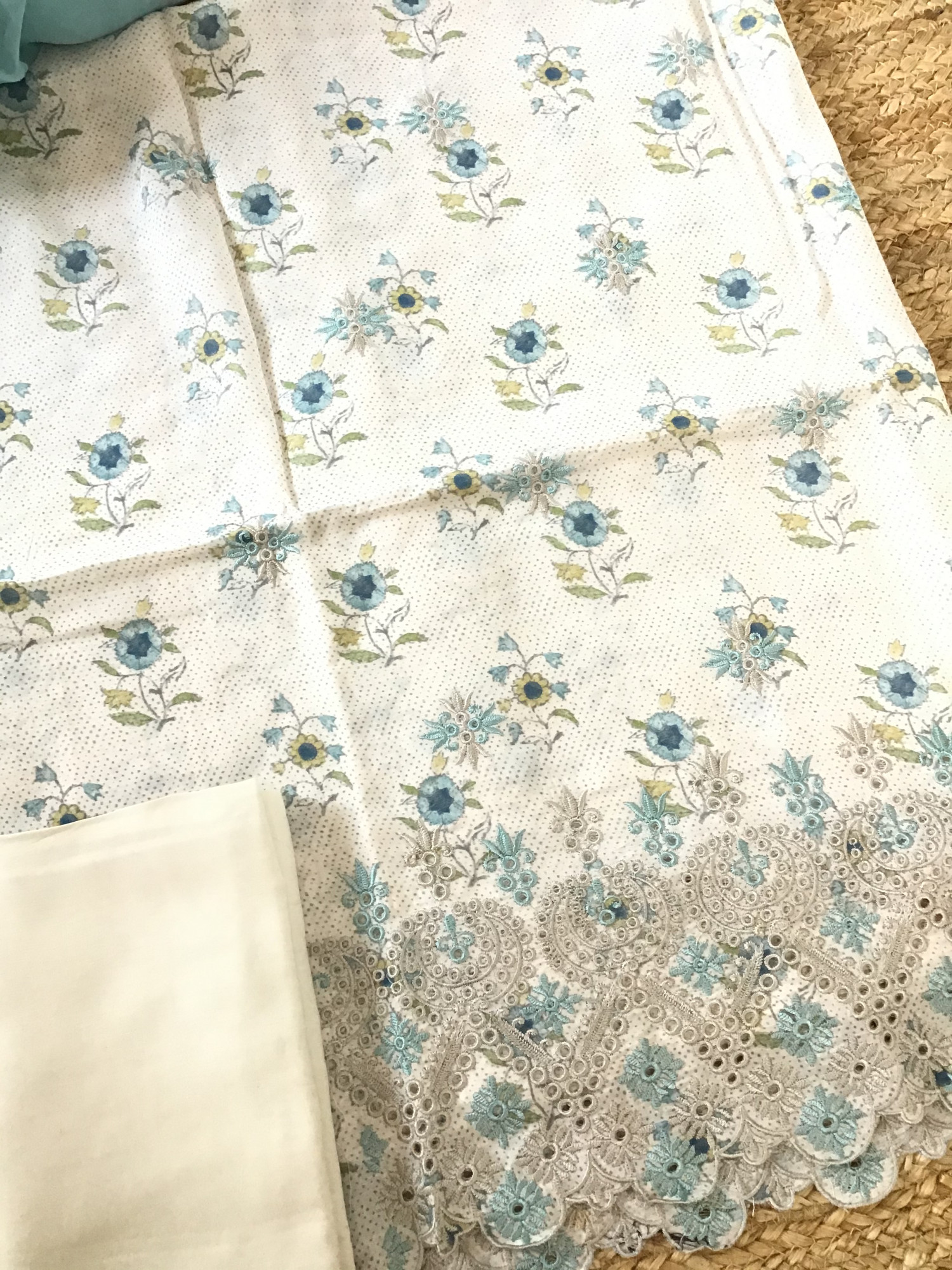 Pure Muslin Printed Embroidered Suit - BeigeBlue