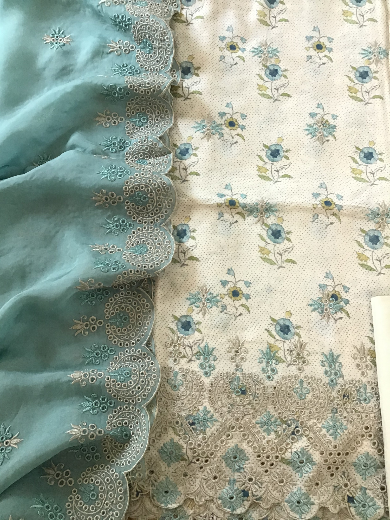 Pure Muslin Printed Embroidered Suit - BeigeBlue