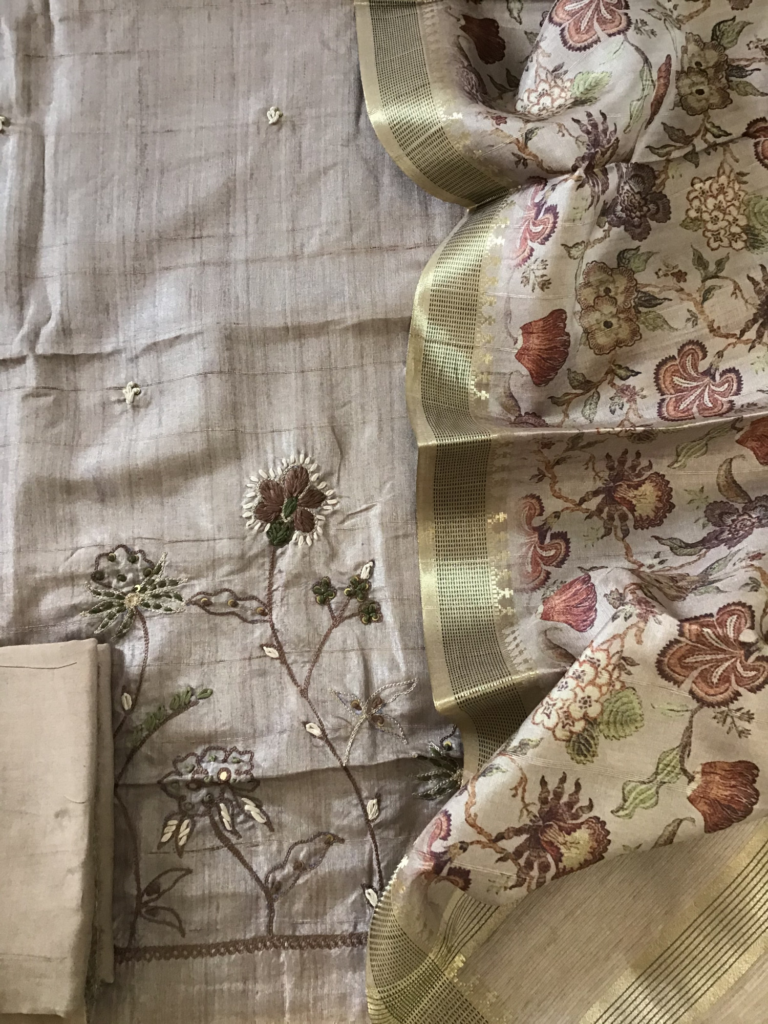 Soft Fine Semi Tussar Printed Embroidered Suit - Brown