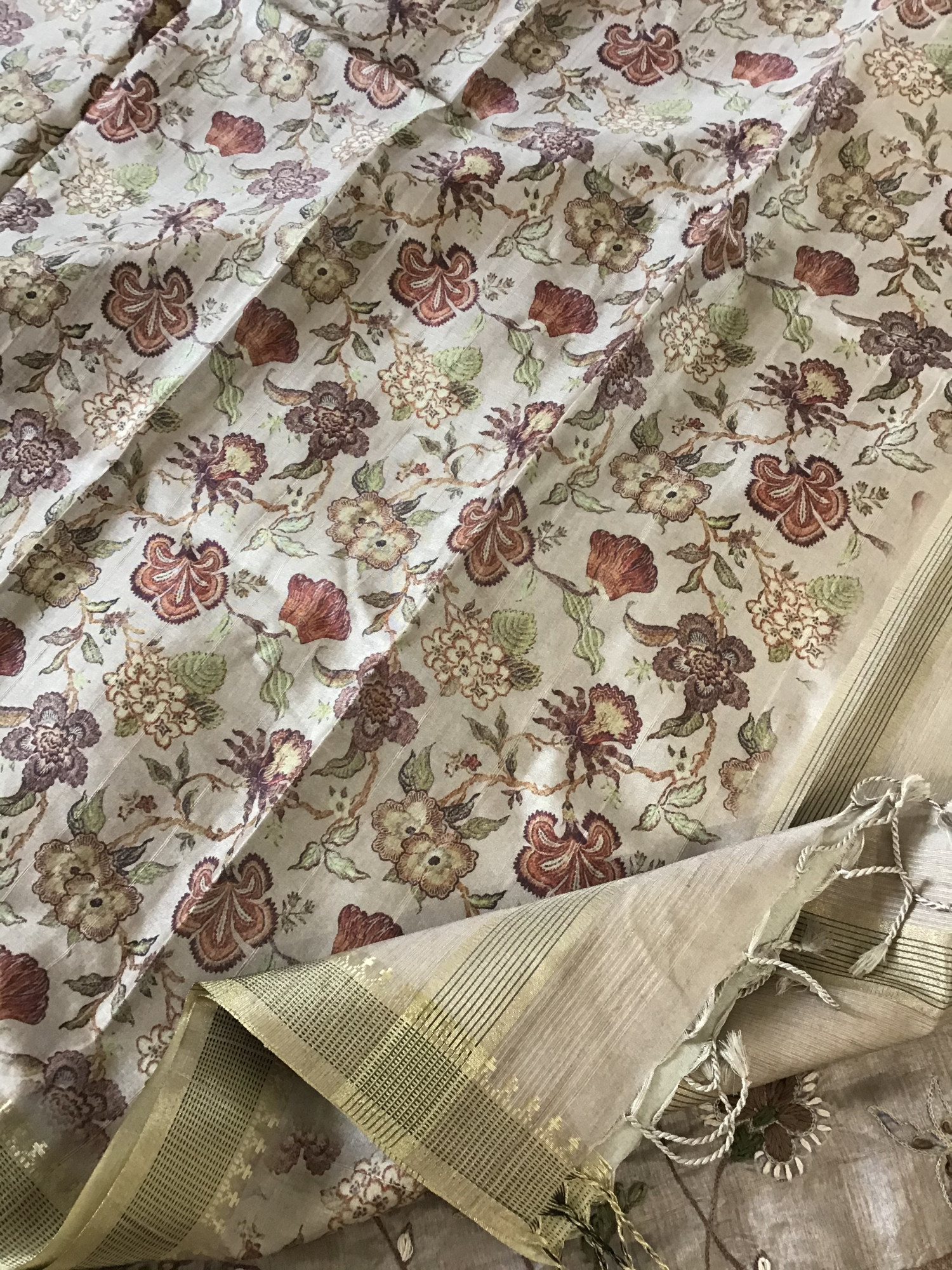 Soft Fine Semi Tussar Printed Embroidered Suit - Brown